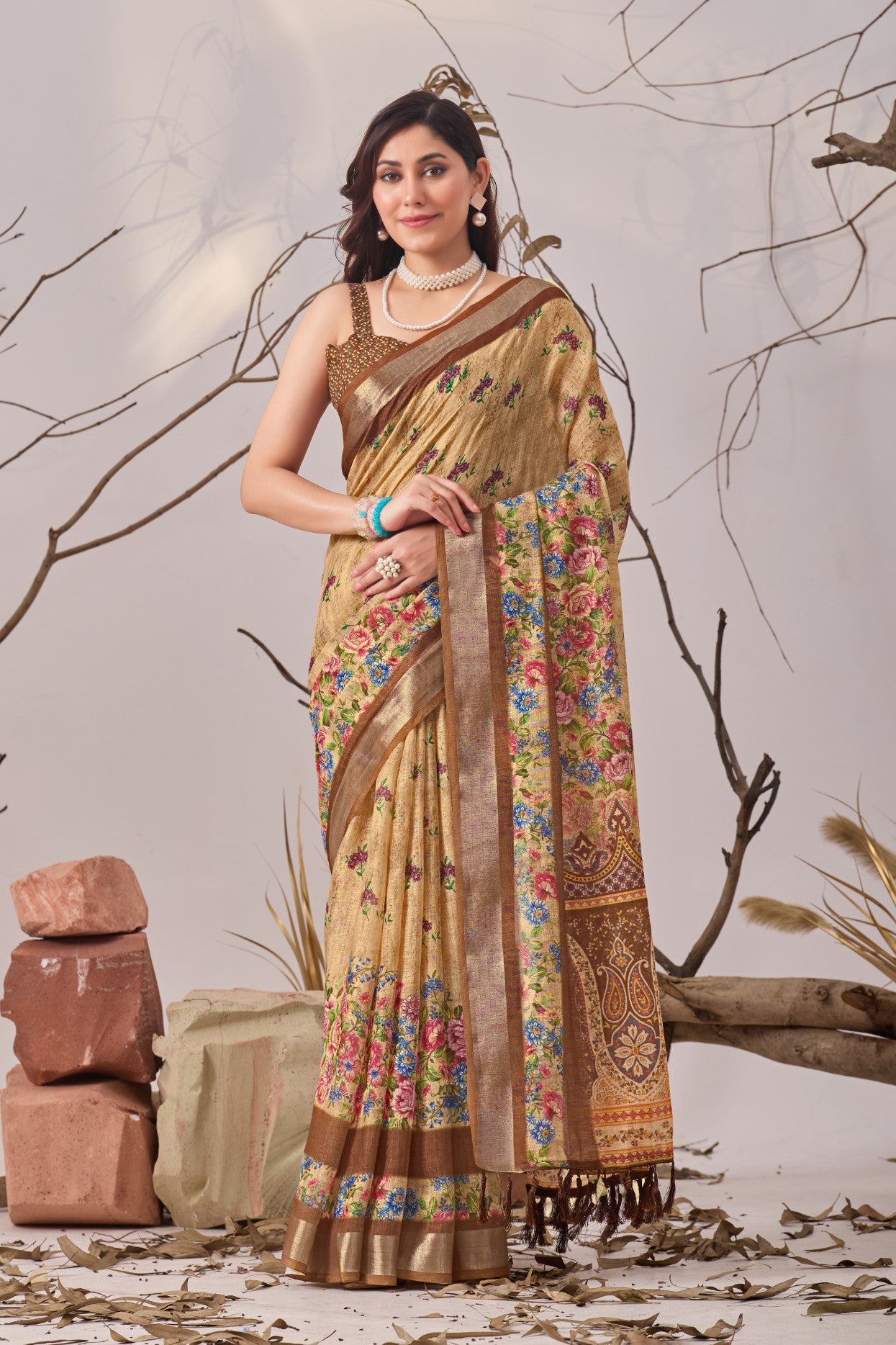 Cream Linen Cotton Saree with Digital Print