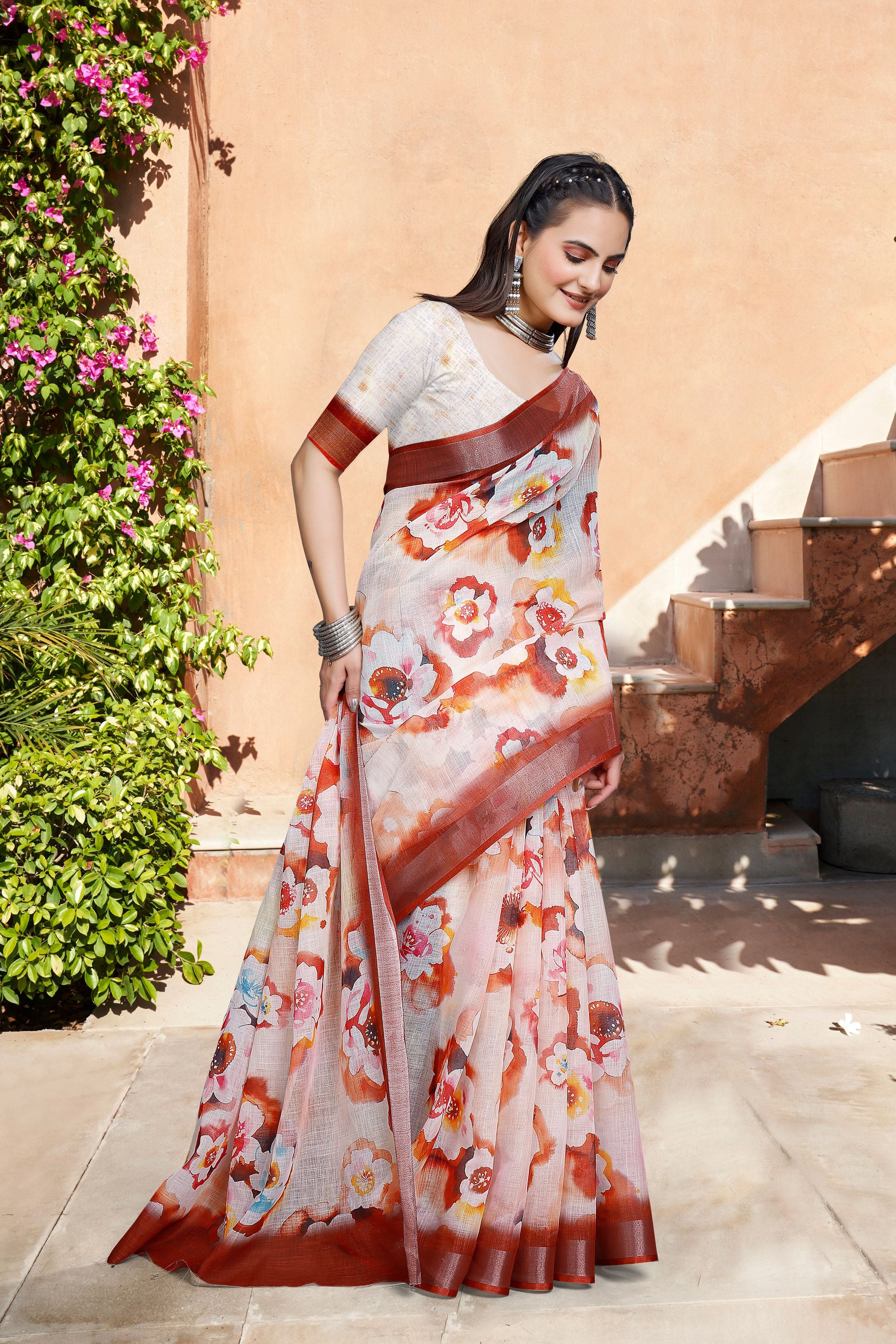 Cream Linen Cotton Woven Border Designer Printed Saree