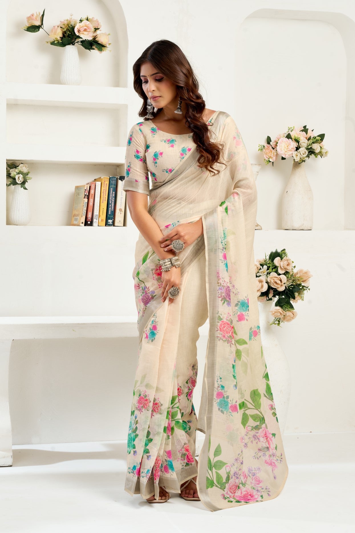 Cream Linen Ready To Wear Saree With Zari Border Printed