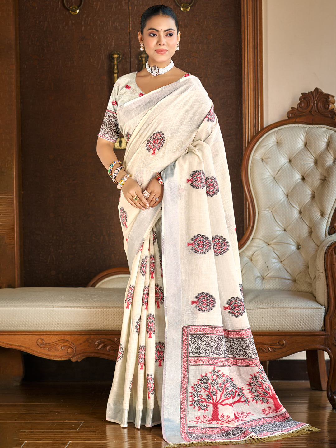 Cream Linen Saree With Timeless Grace and Elegant Charm