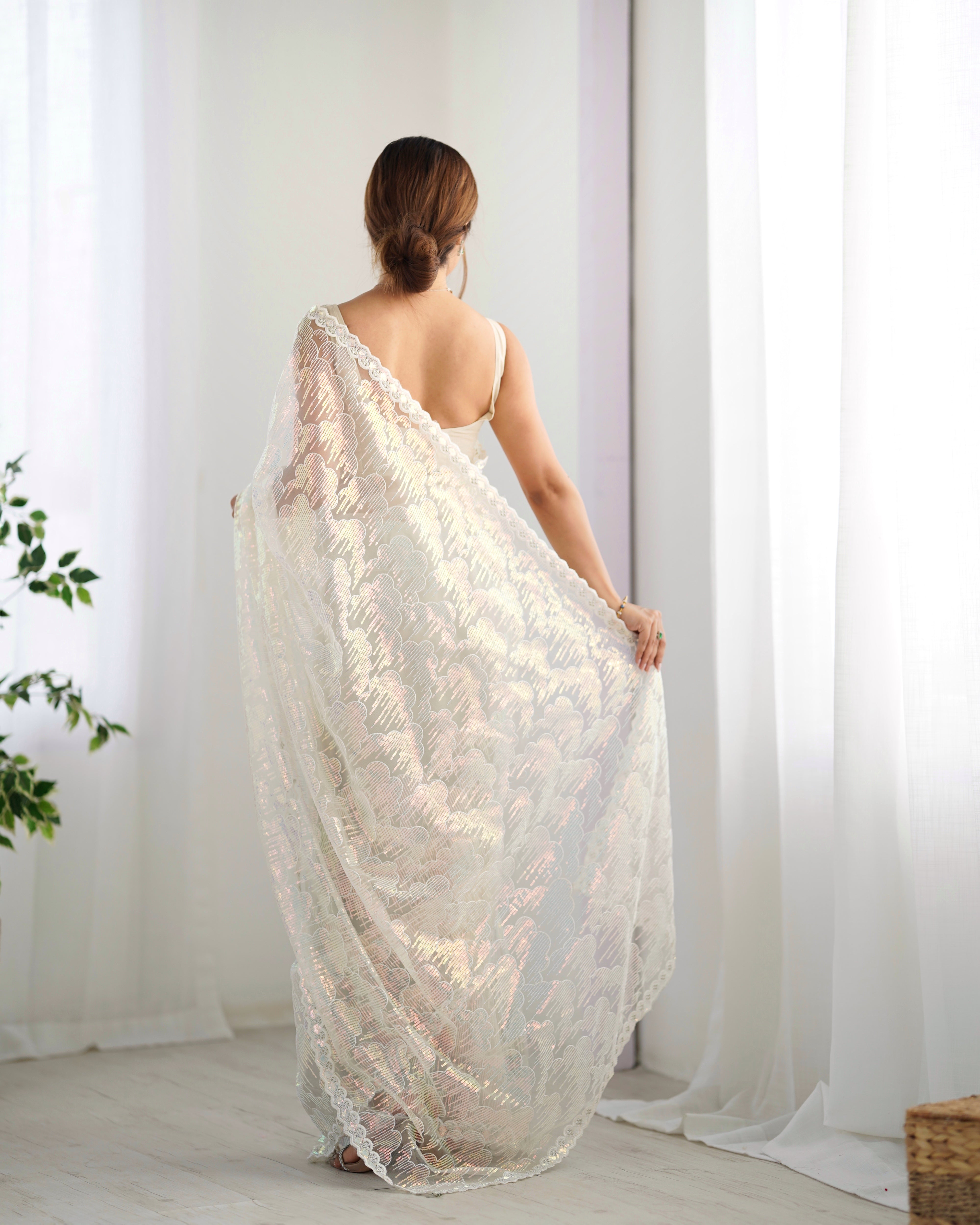 Cream Mono Net Beautiful Bollywood Saree With Designer Sequins Work