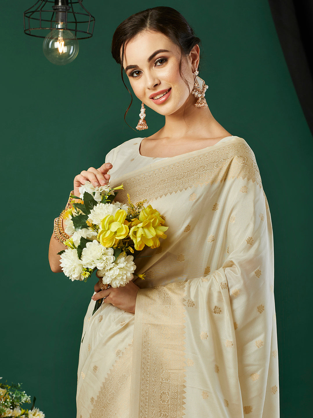 Cream Nylon Banarasi Woven Jacquard Designer Ethnic Indian Traditional Look Saree