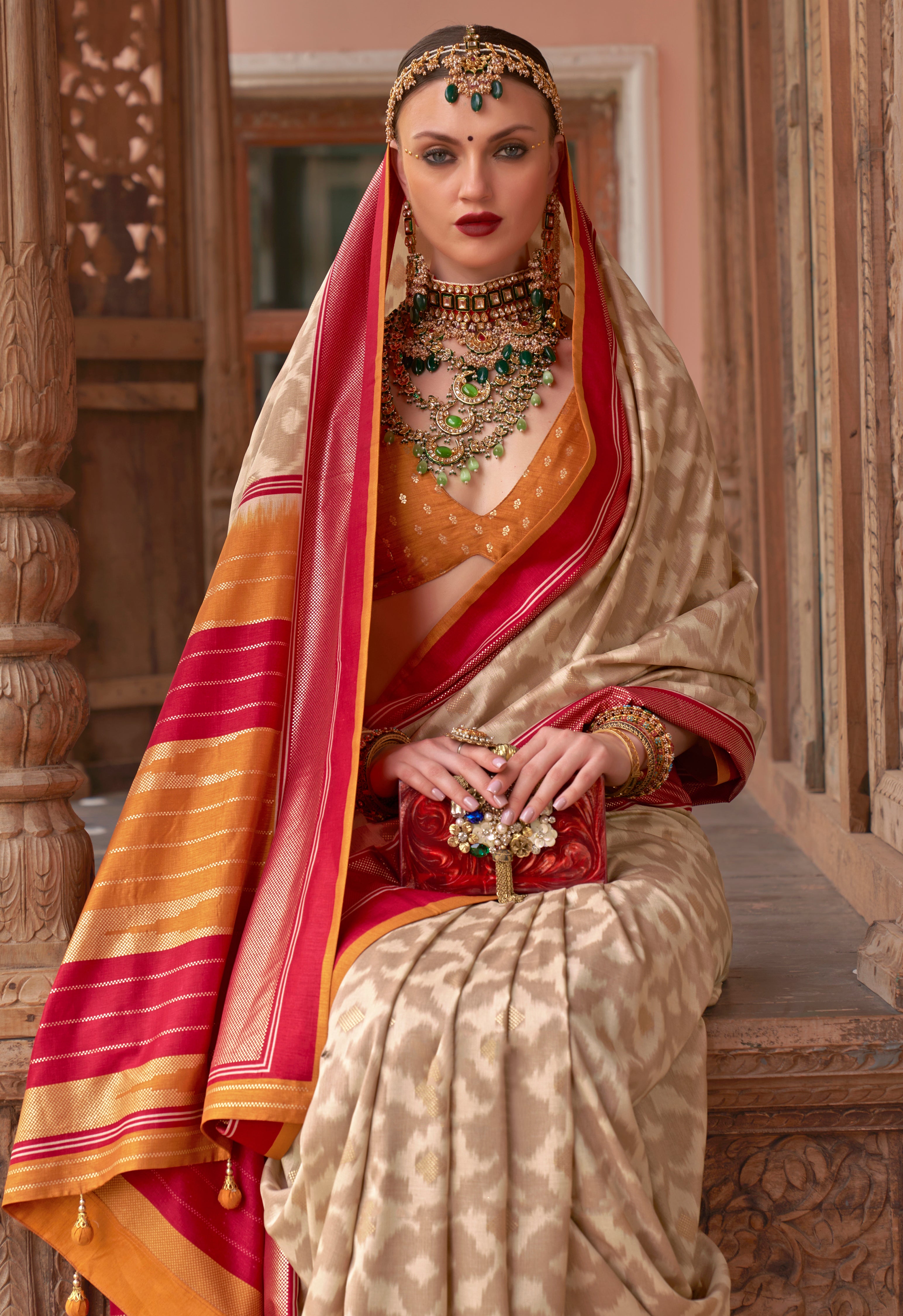 Cream PV Silk Saree with Printed