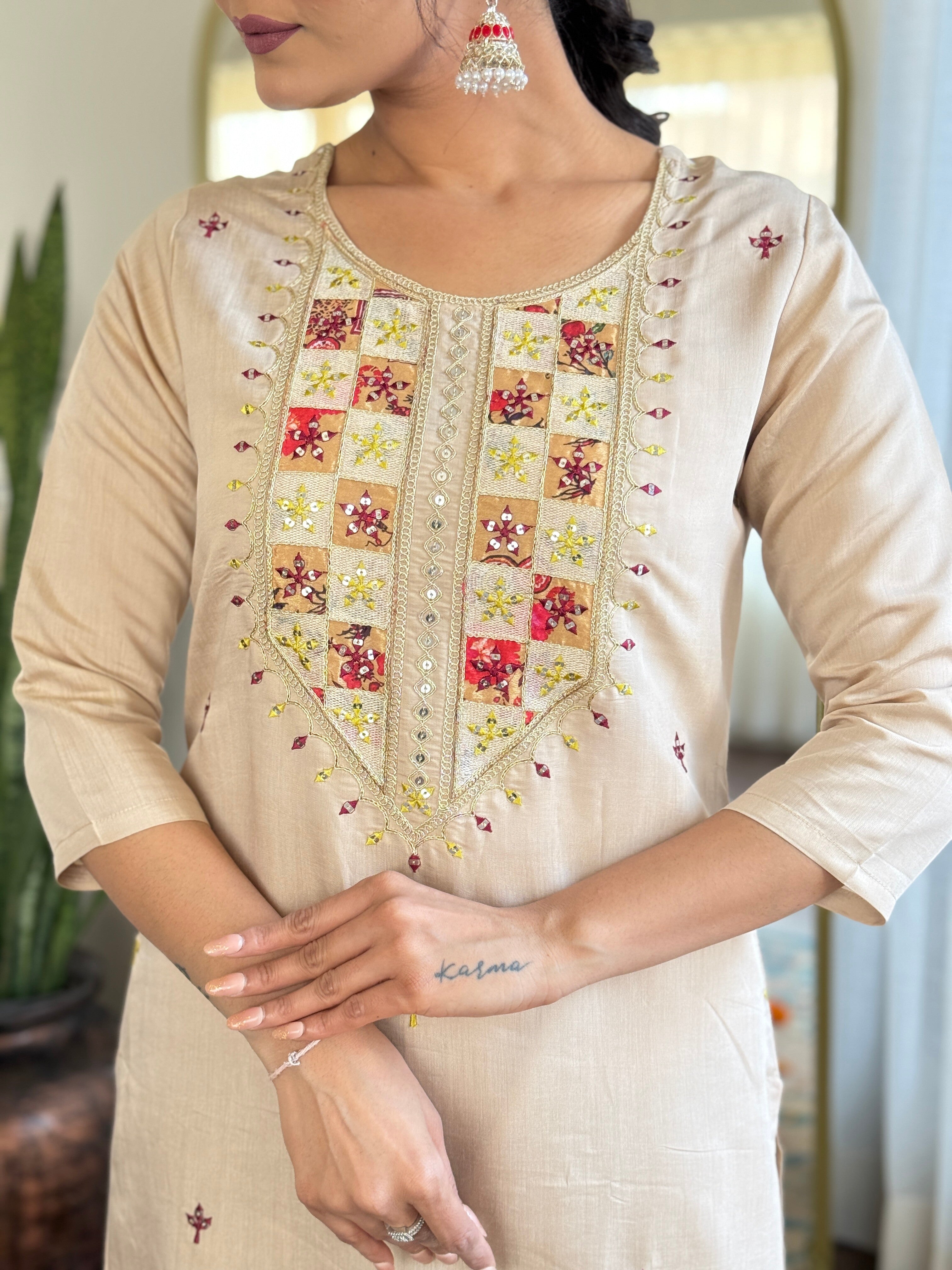 Cream Rayon Elegant Kurta Pant Set With Embroidery Work