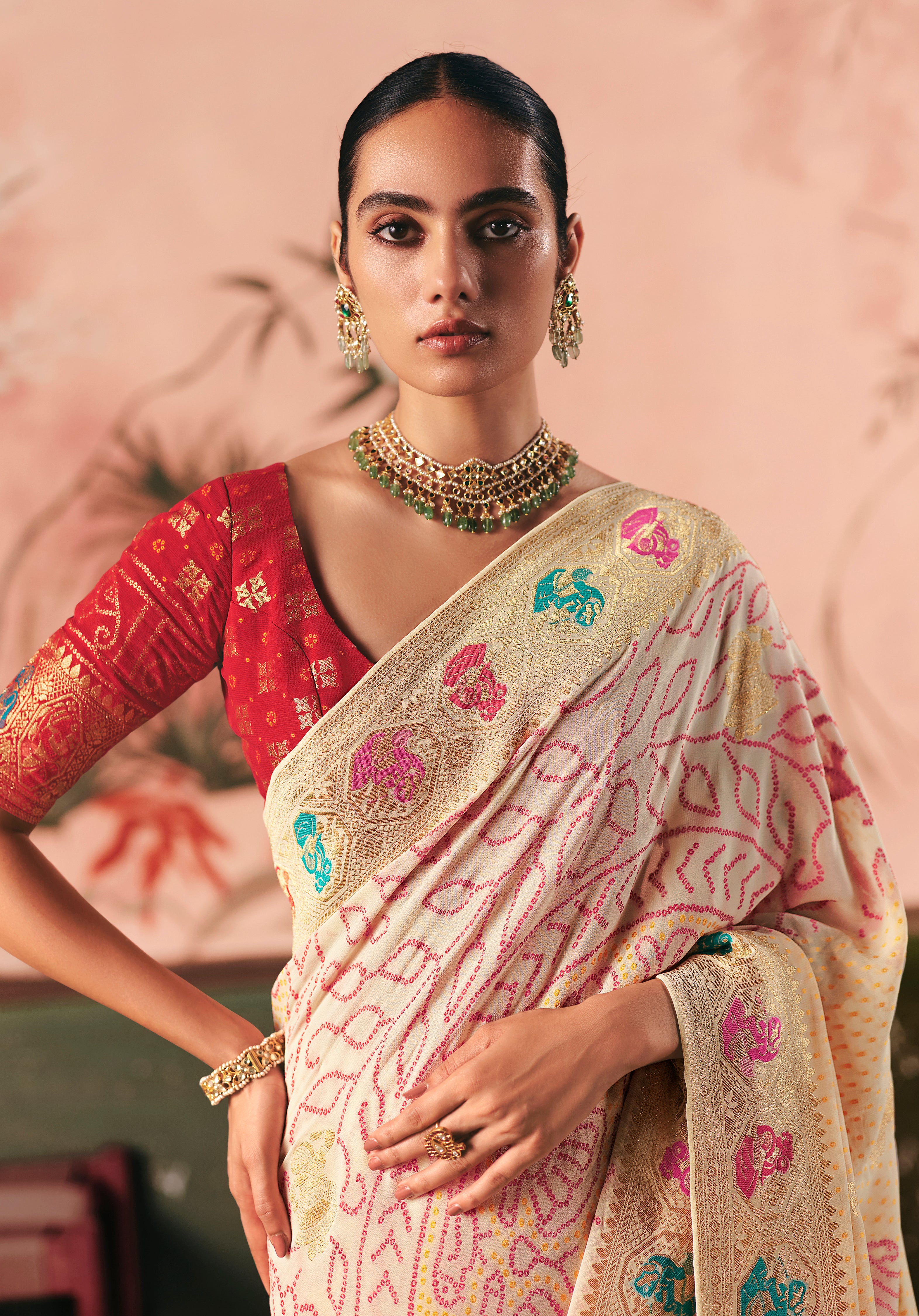 Cream Saree With Designer Bandhej Weaving Work With Beutifull Tassles Attached