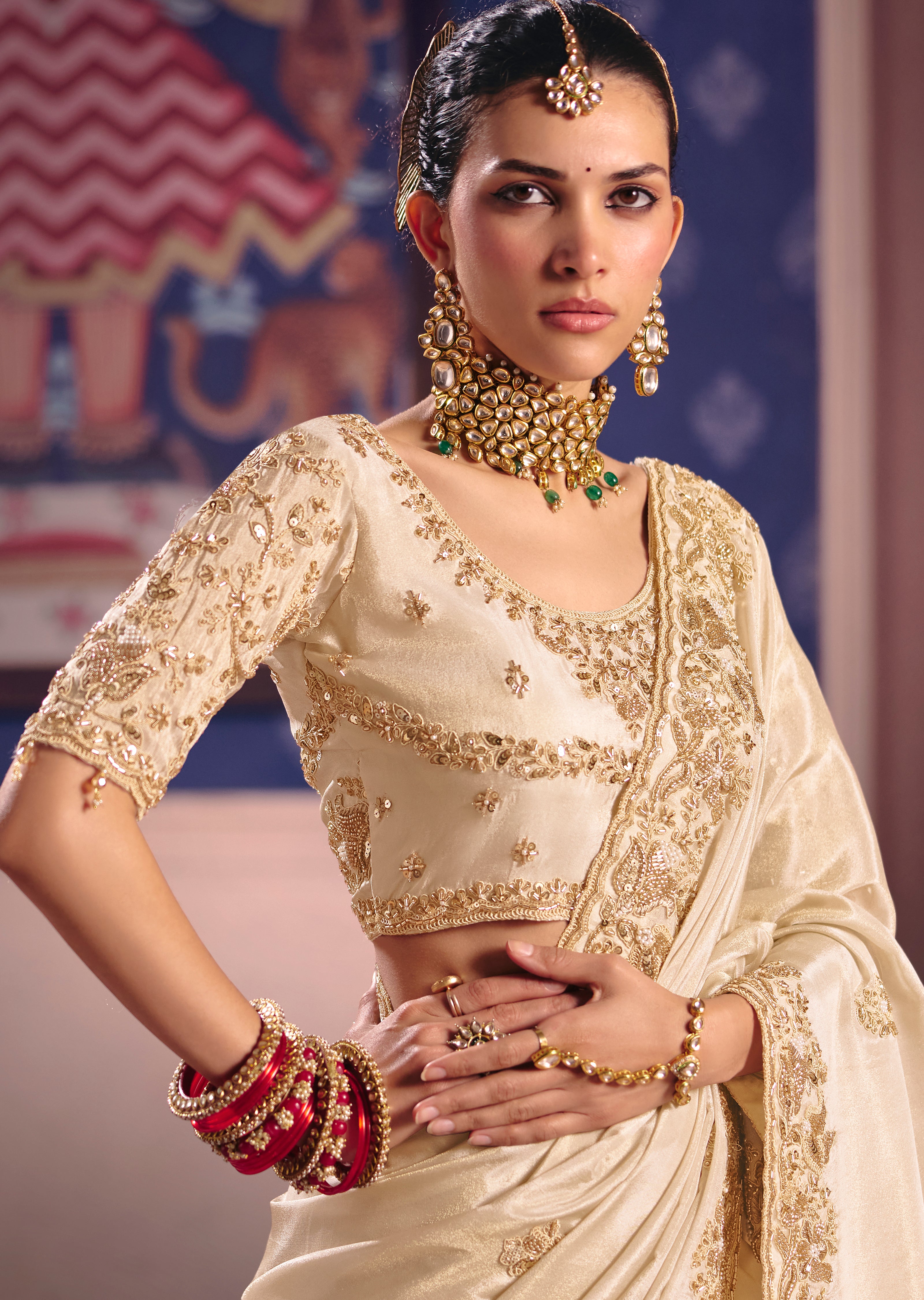 Cream Saree With Heavy Embroidery, Beads With Sequince Work