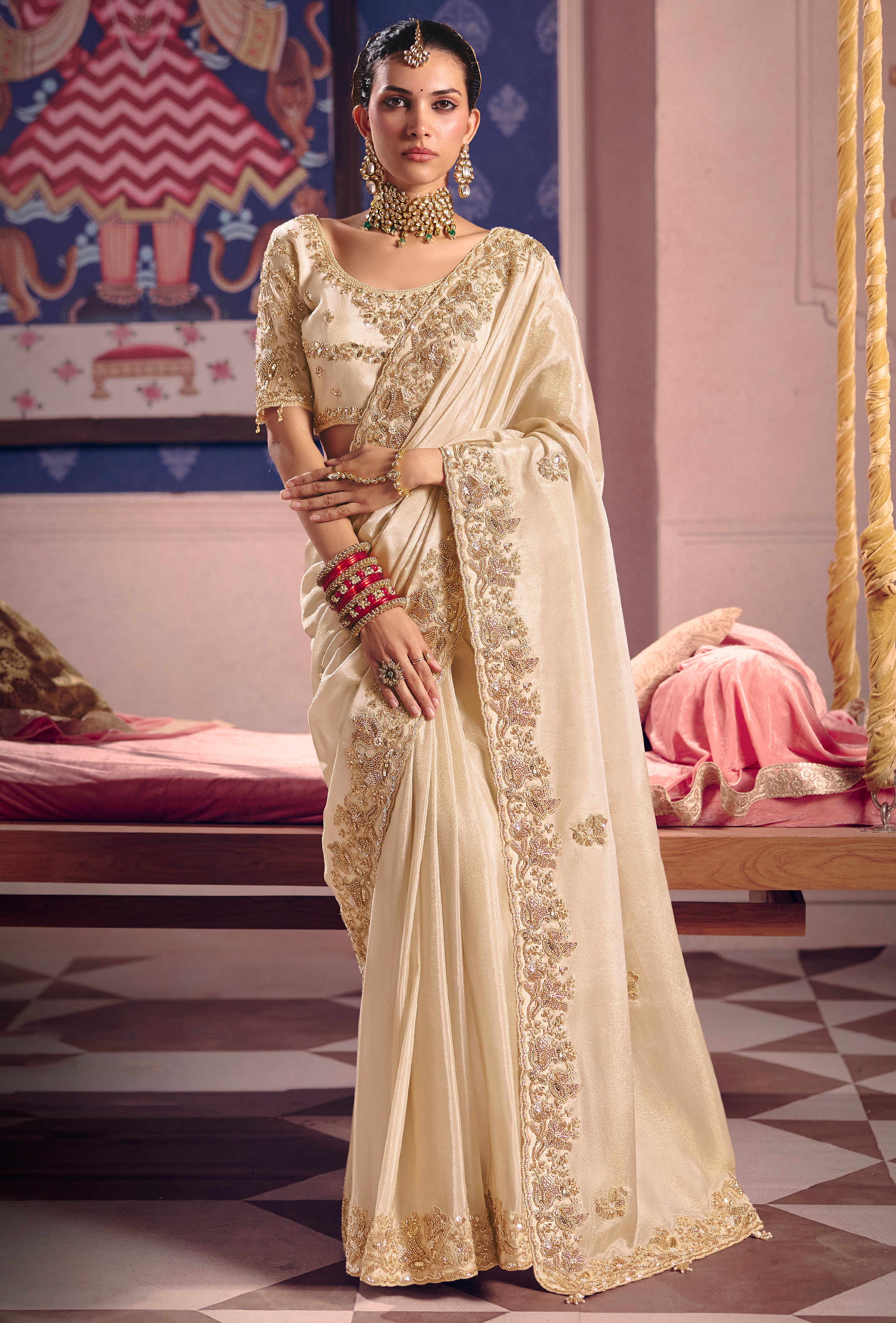 Cream Saree With Heavy Embroidery, Beads With Sequince Work