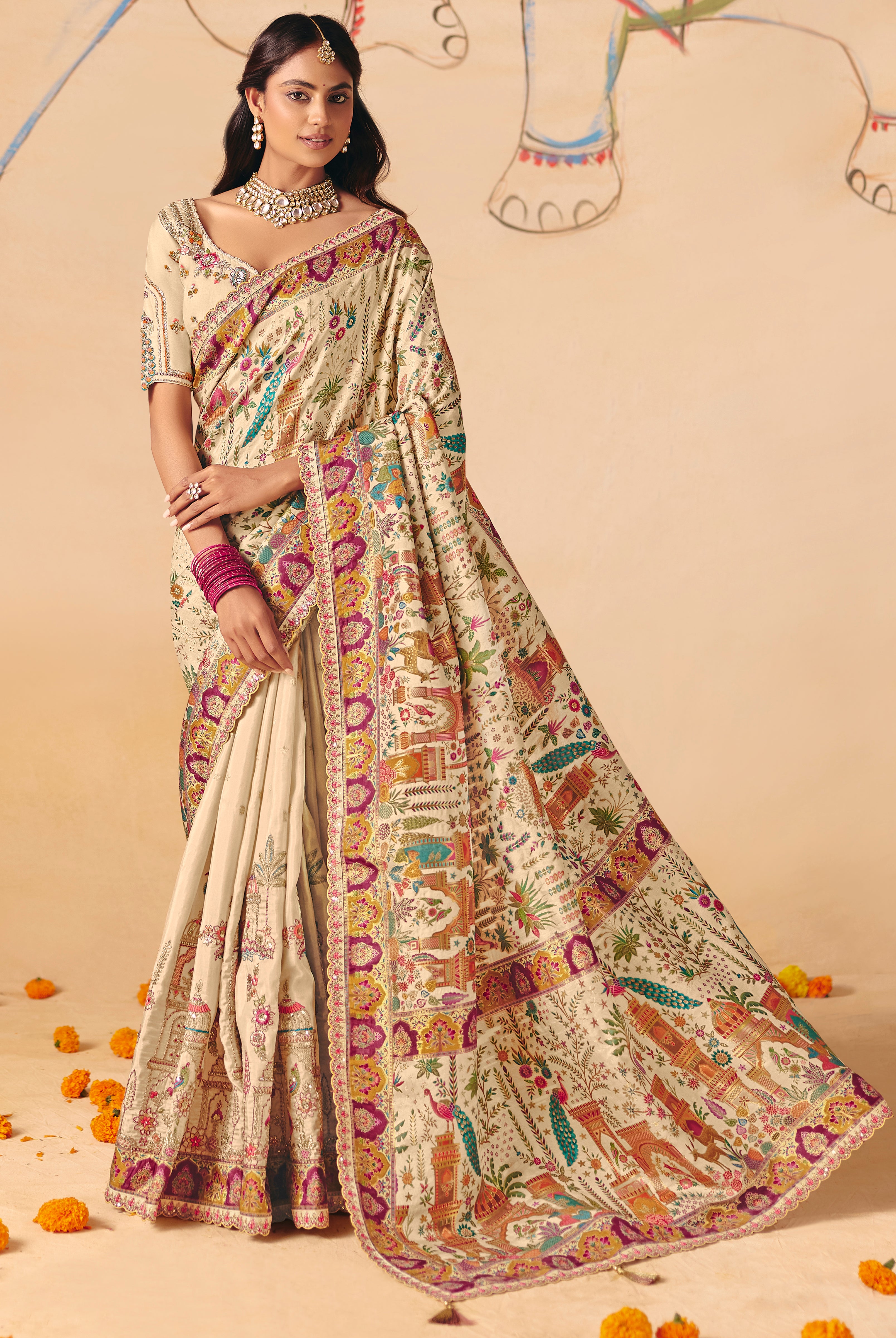 Cream Saree With Heavy Embroidery, Sequin, Thread, and Stone Work On Patli & Cutwork Lace With Heavy Work Blouse