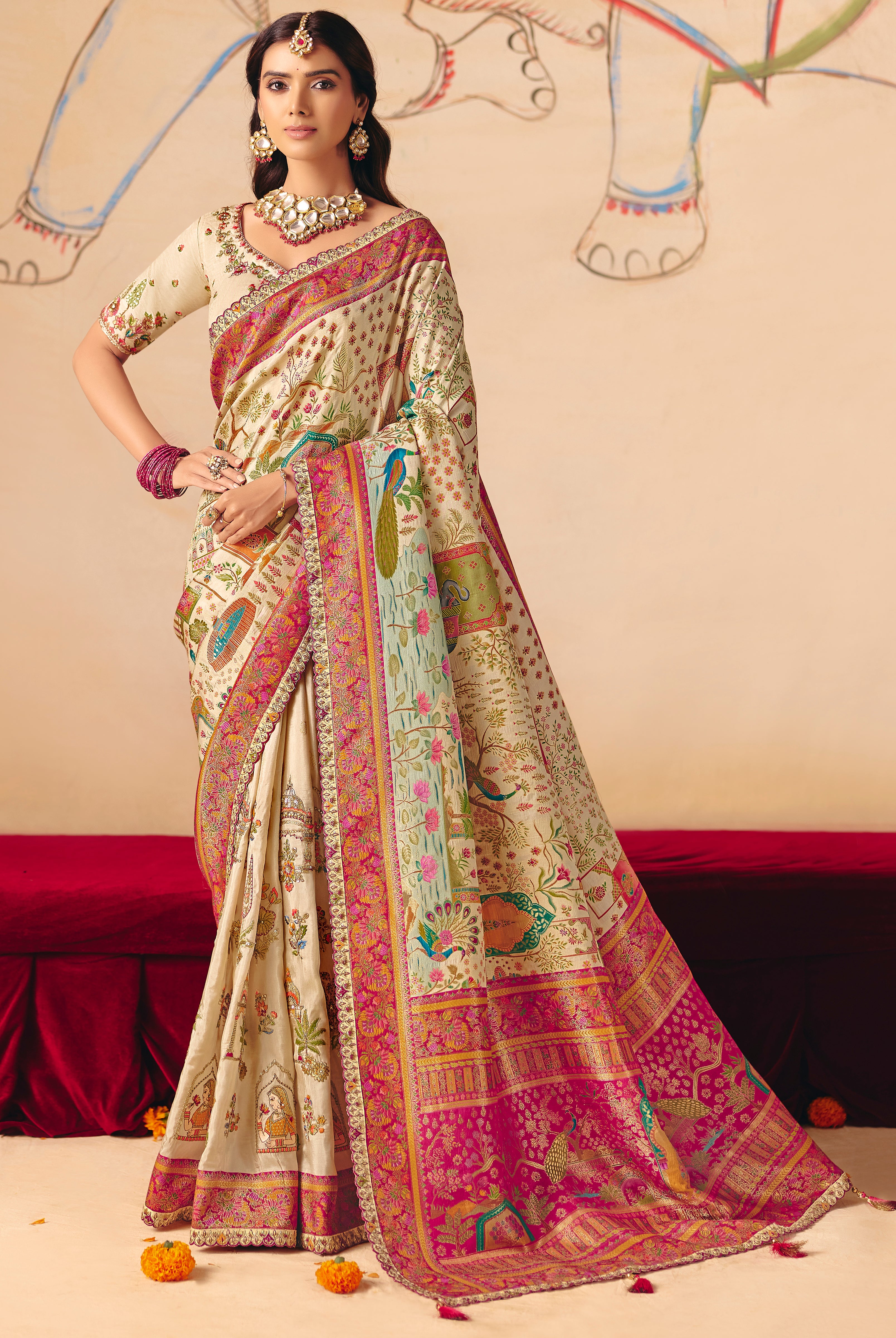 Cream Saree With Heavy Embroidery, Sequin, Thread, and Stone Work On Patli & Cutwork Lace With Heavy Work Blouse