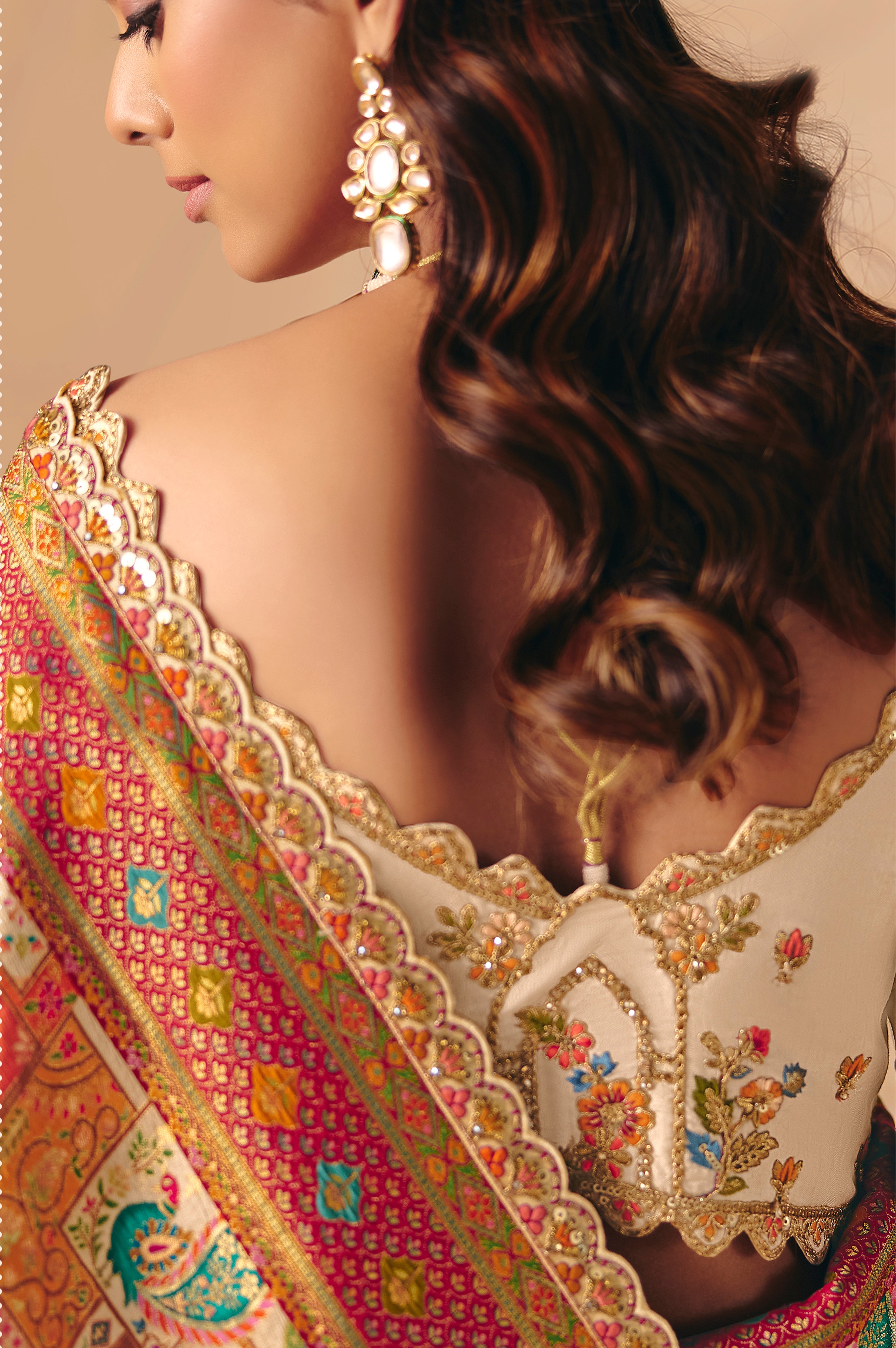Cream Saree With Heavy Embroidery, Sequin, Thread, and Stone Work On Patli & Cutwork Lace With Heavy Work Blouse
