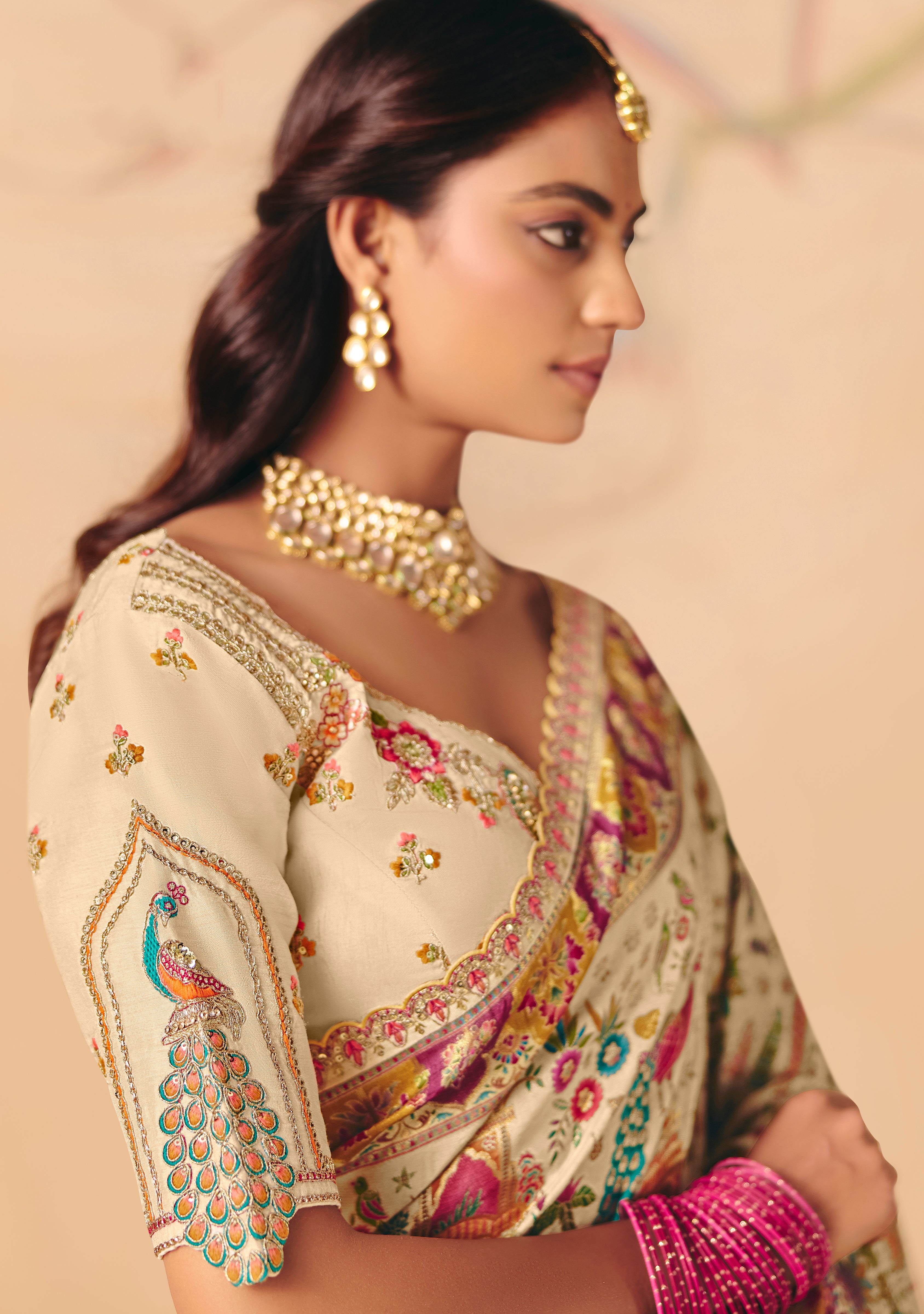 Cream Saree With Heavy Embroidery, Sequin, Thread, and Stone Work On Patli & Cutwork Lace With Heavy Work Blouse