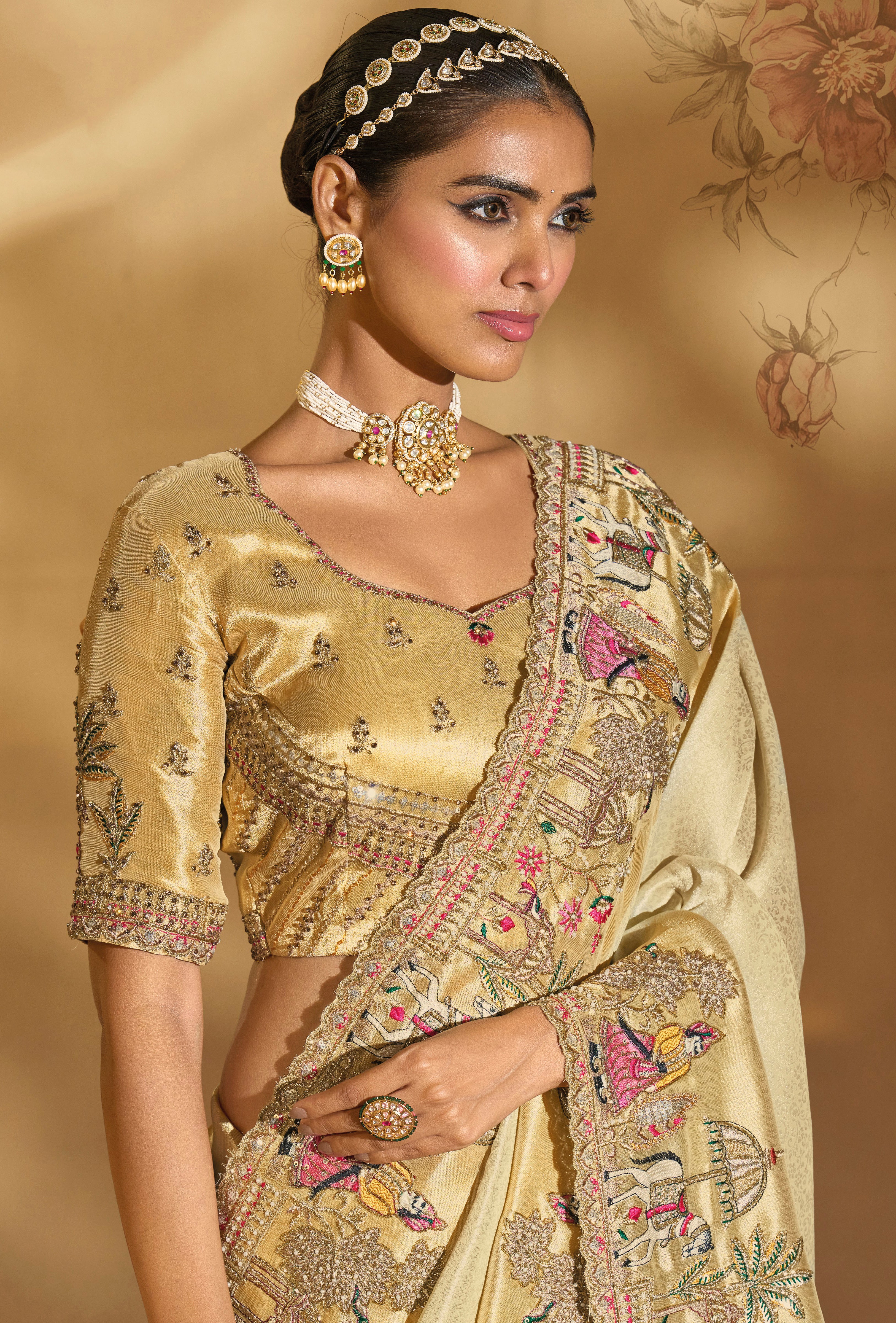 Cream Saree With Jari, Thread, Cut-Dana With Moti Heavy Work
