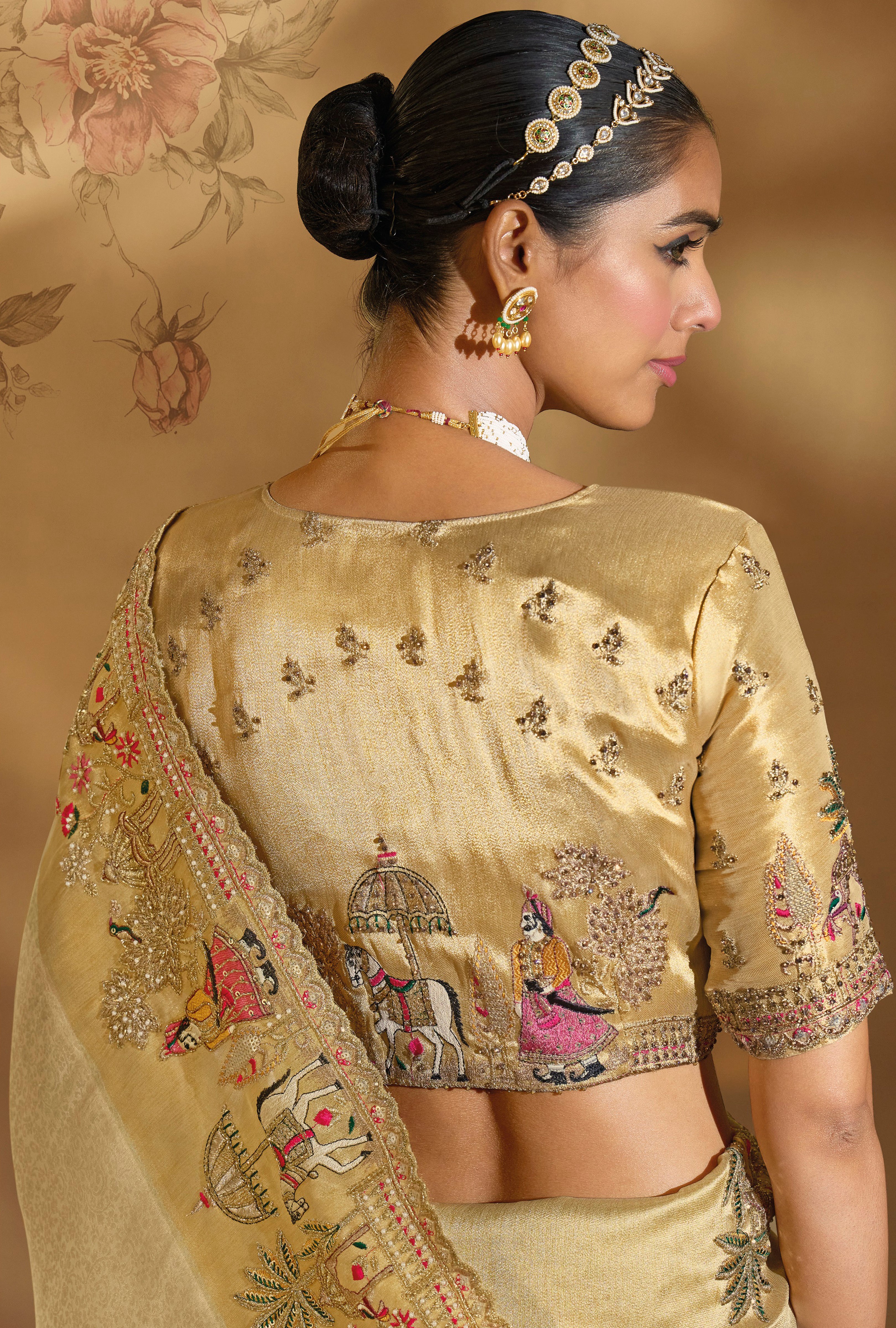 Cream Saree With Jari, Thread, Cut-Dana With Moti Heavy Work