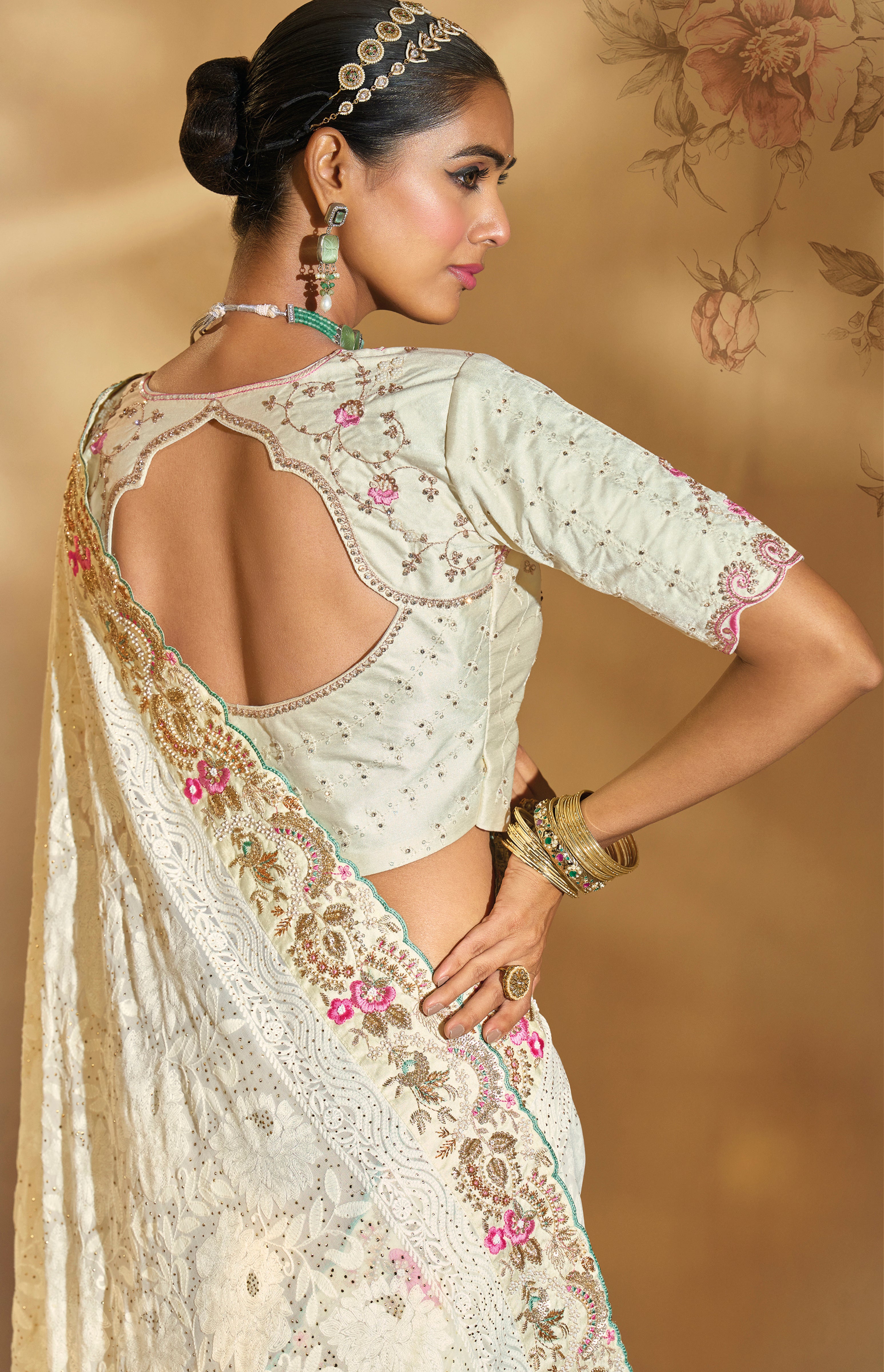 Cream Saree With Lukhnowi, Cut-Dana, Moti With Mirror Heavy Work