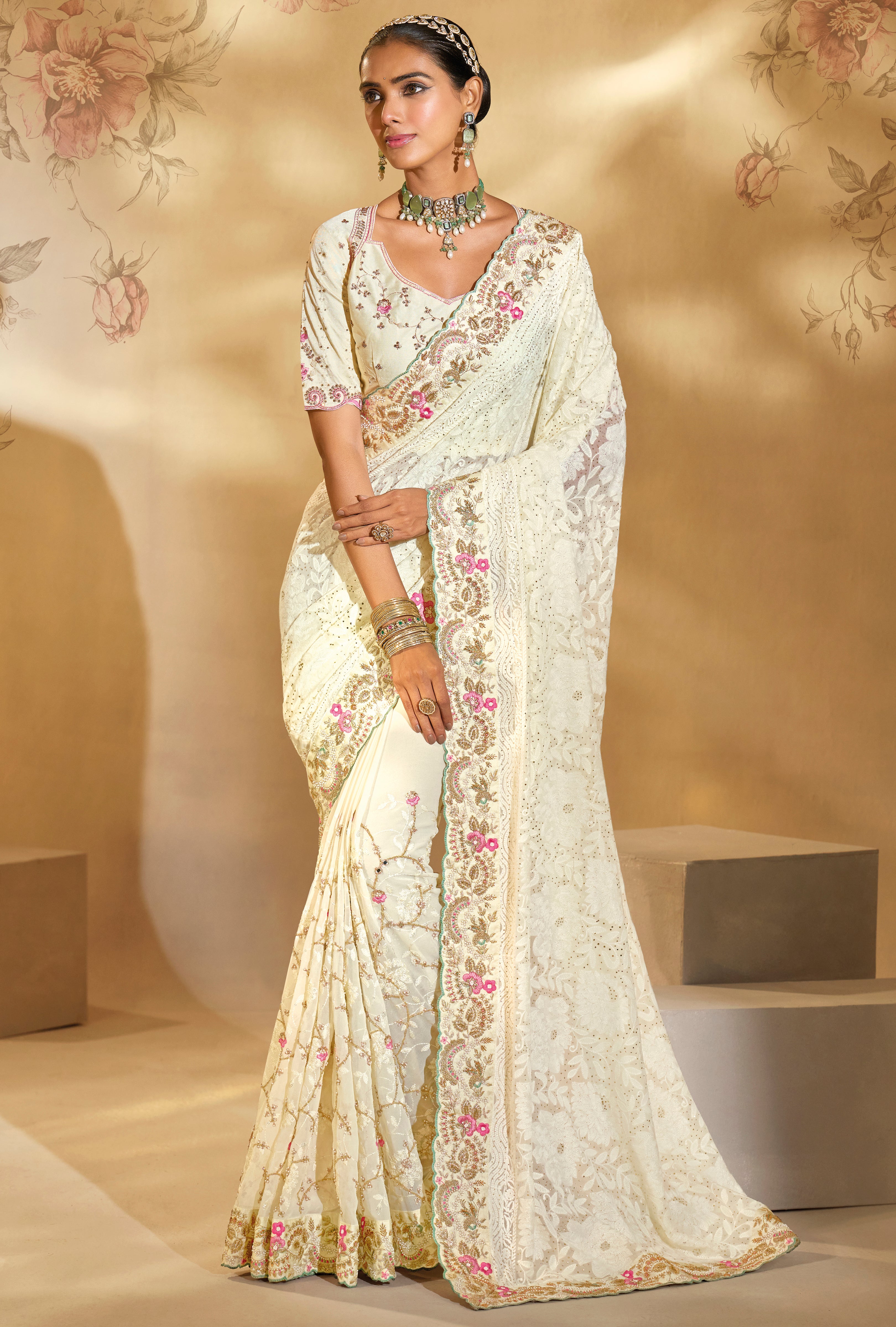 Cream Saree With Lukhnowi, Cut-Dana, Moti With Mirror Heavy Work