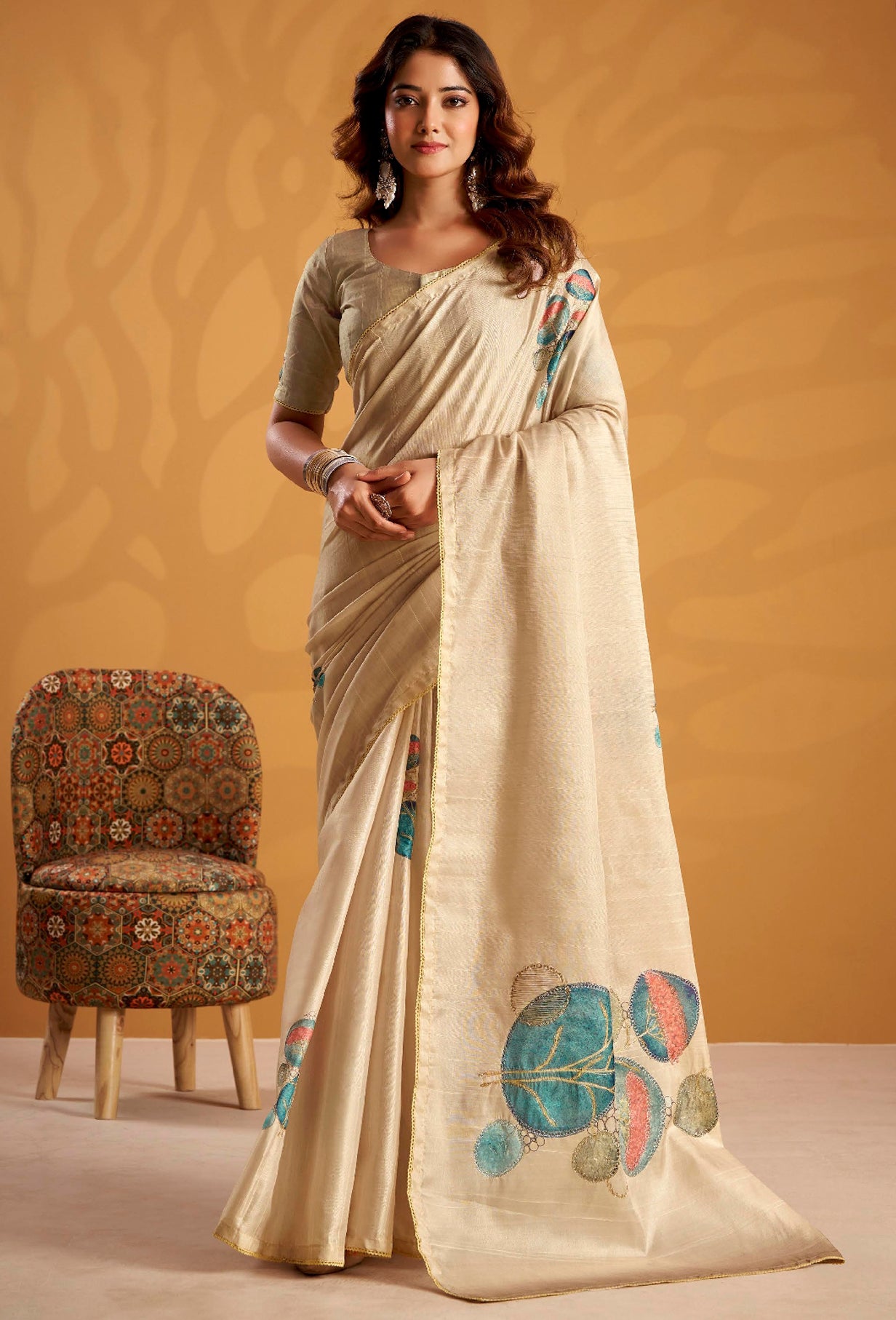 Cream Saree With Printed With Kasheeda work