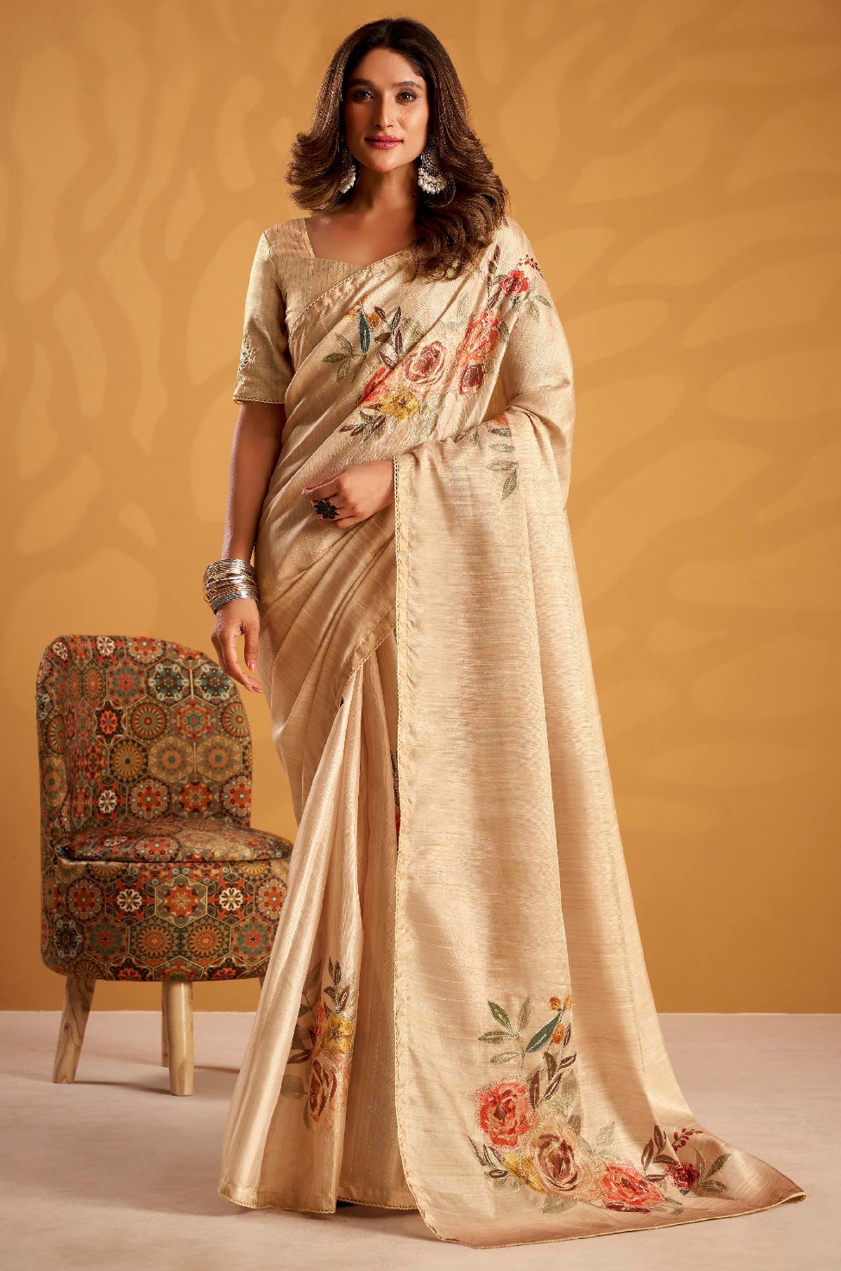 Cream Saree With Printed With Kasheeda work