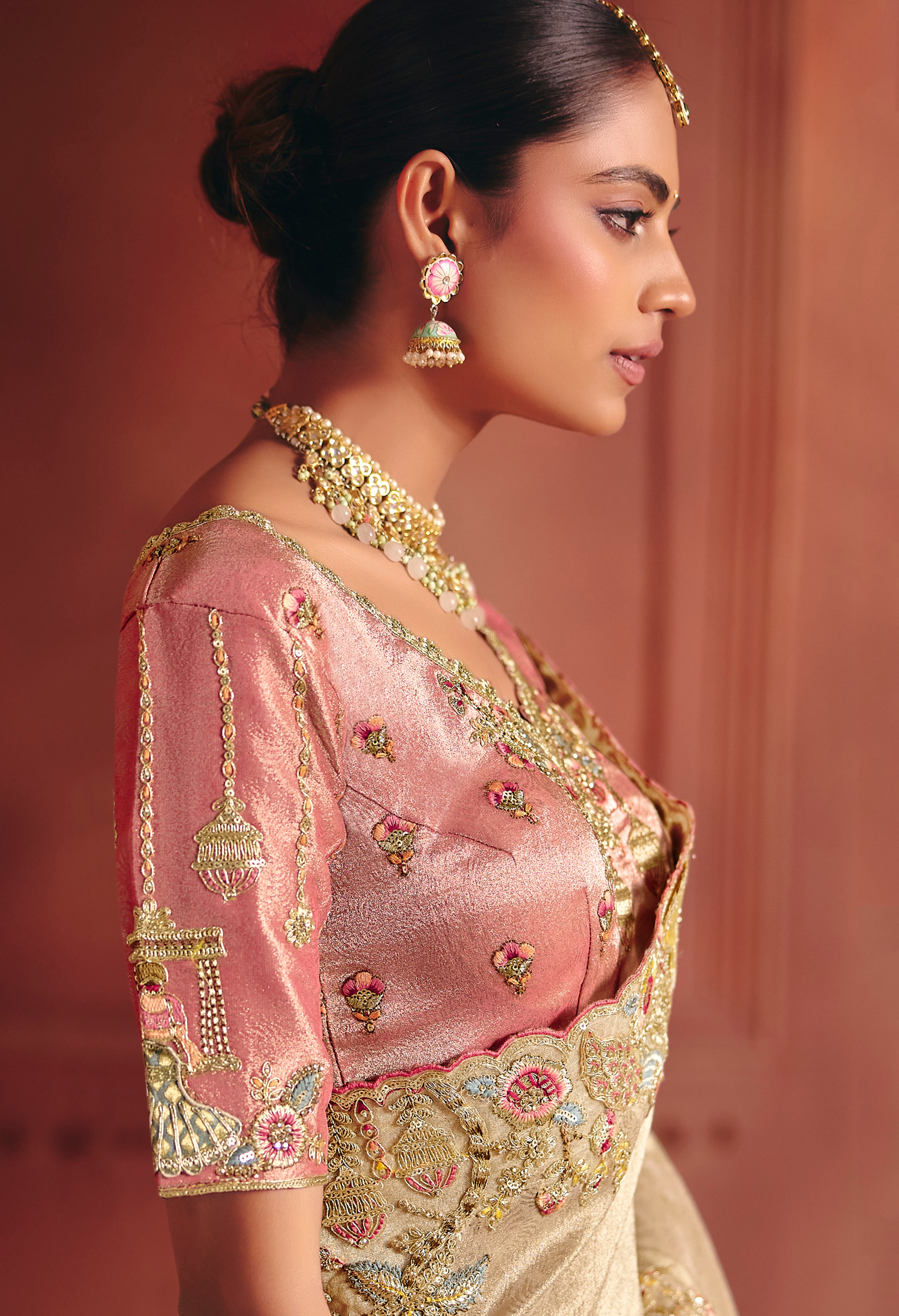 Cream Saree With Sequin, Thread, Weaving Heavy Embroidery Work With Heavy Embroidery Work Blouse