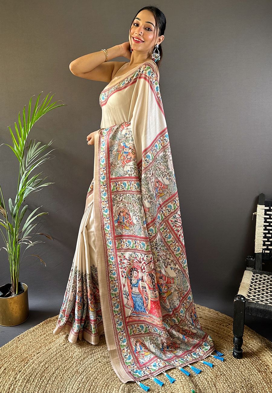 Cream Silk Blend Madhubani Printed Saree