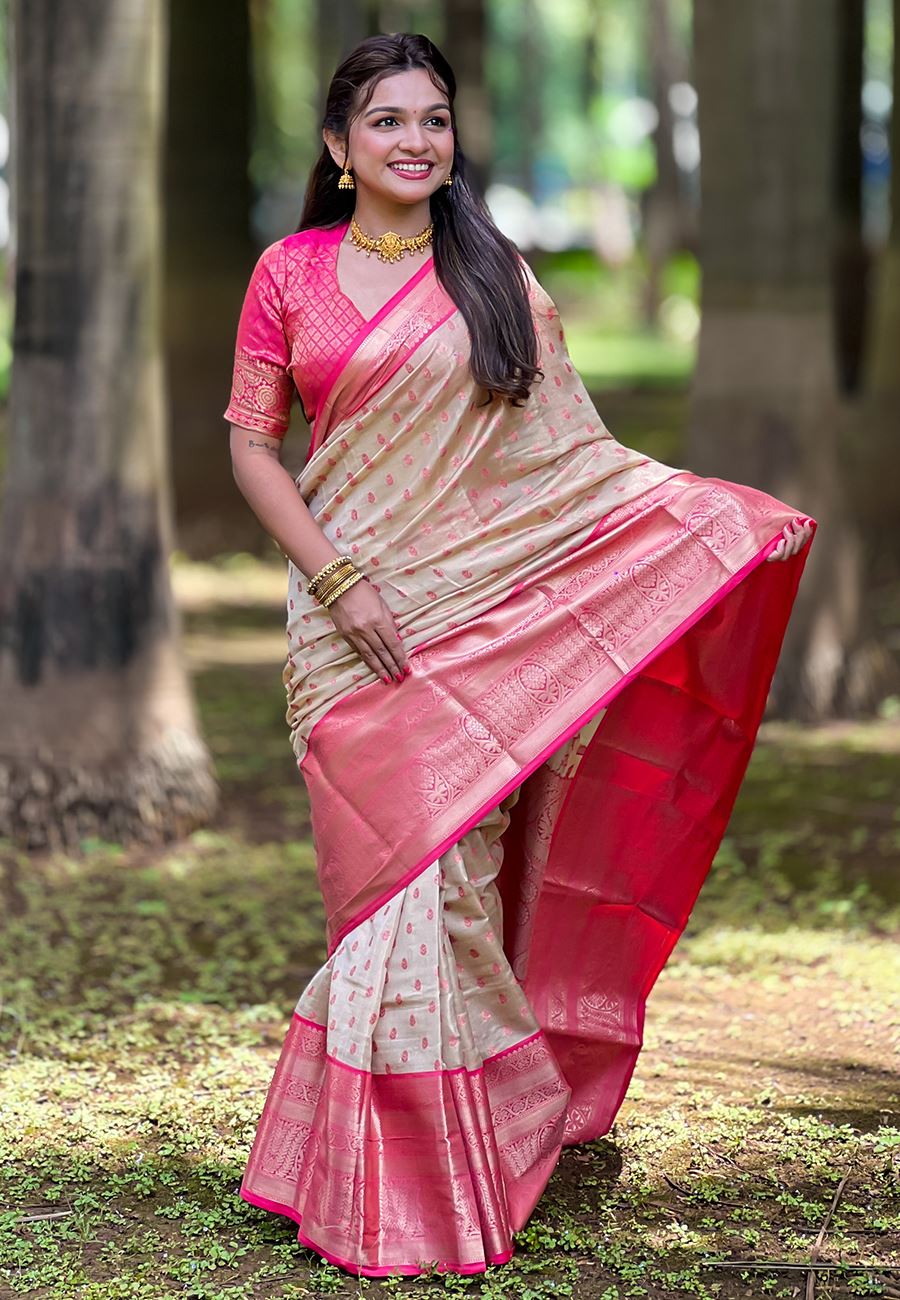 Cream Silk Blend South Indian Kanchipuram Saree