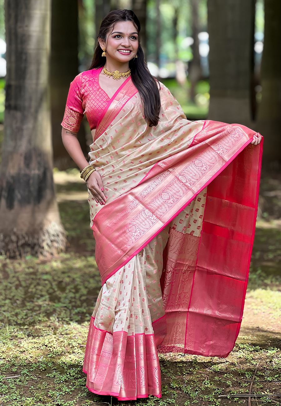 Cream Silk Blend South Indian Kanchipuram Saree
