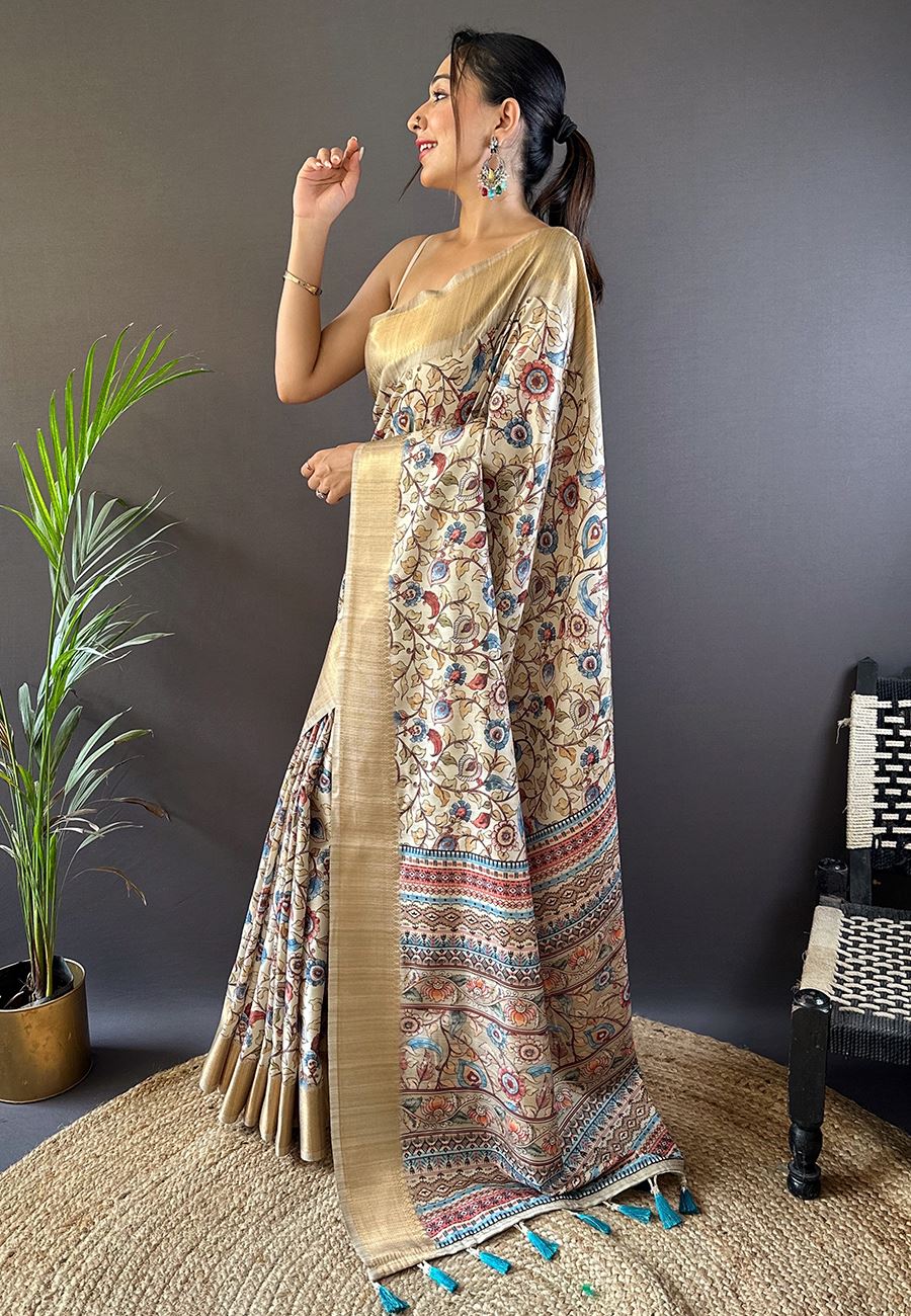 Cream Silk Cotton Kalamkari Printed Saree