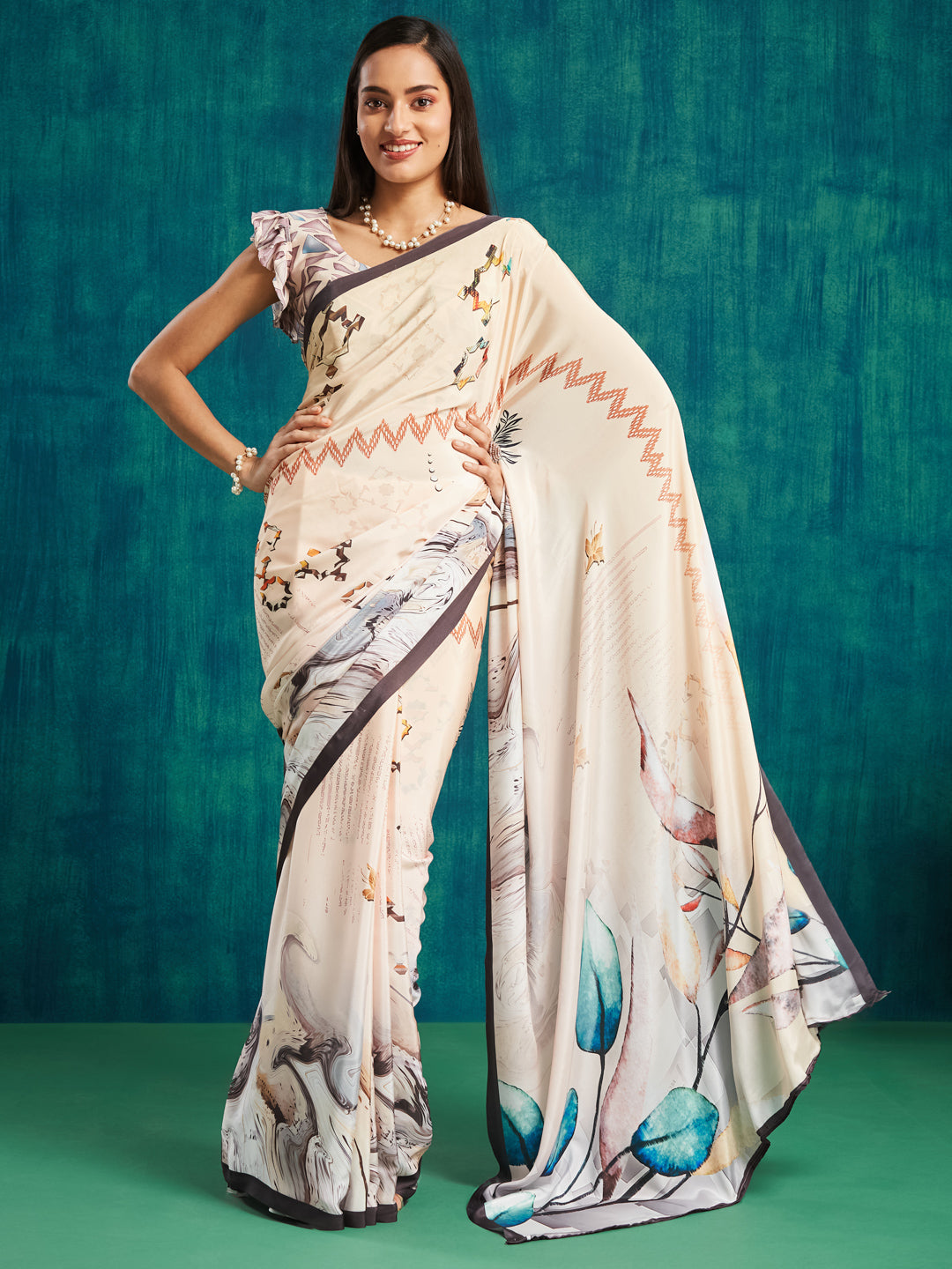 Cream Silk Crepe Designer Digital Printed Ready To Wear Saree