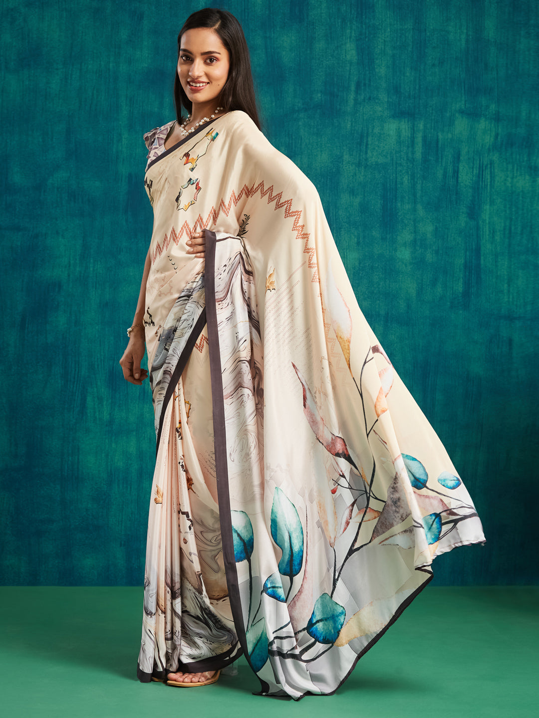 Cream Silk Crepe Designer Digital Printed Ready To Wear Saree
