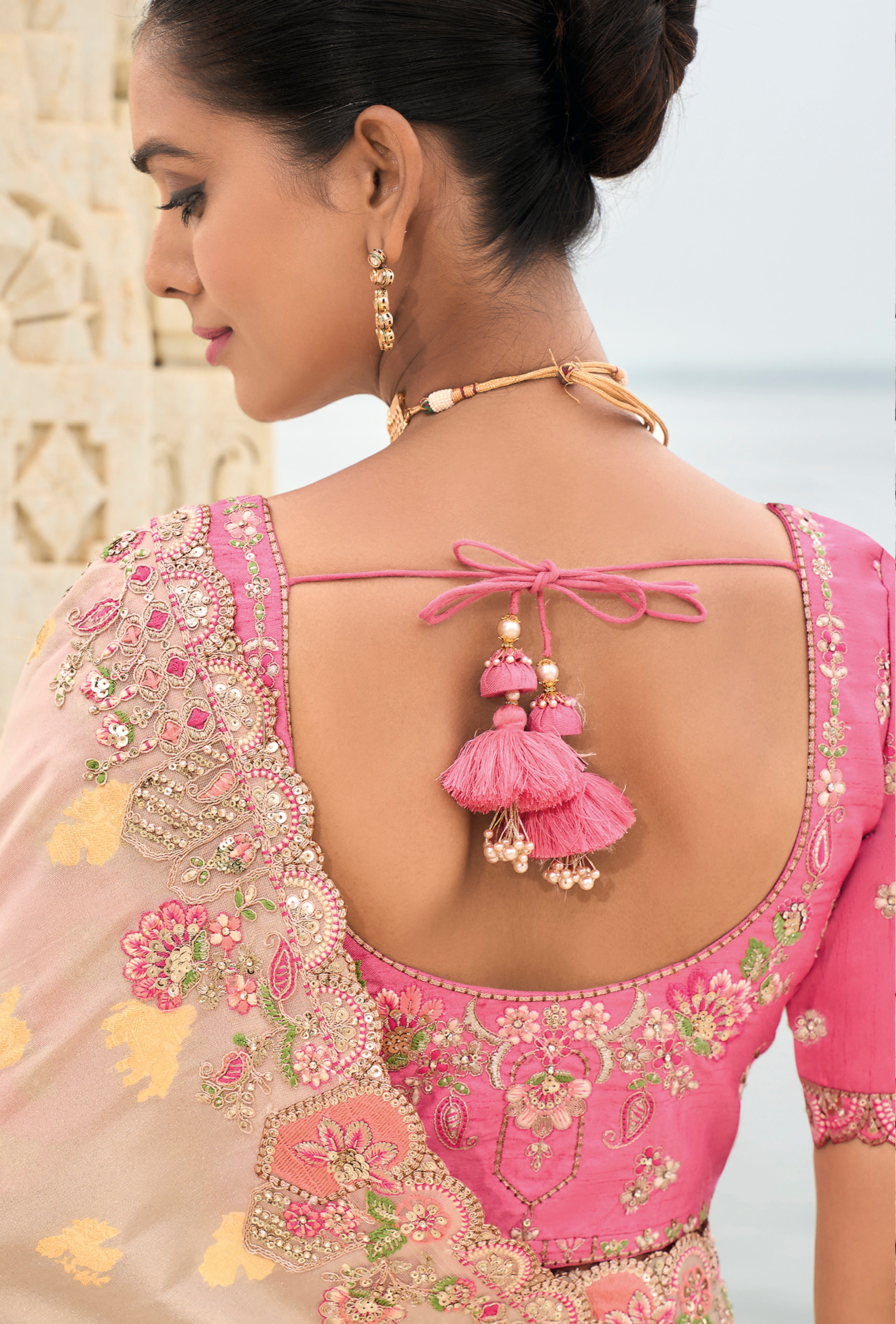 Cream Silk Saree With Embroidery Work