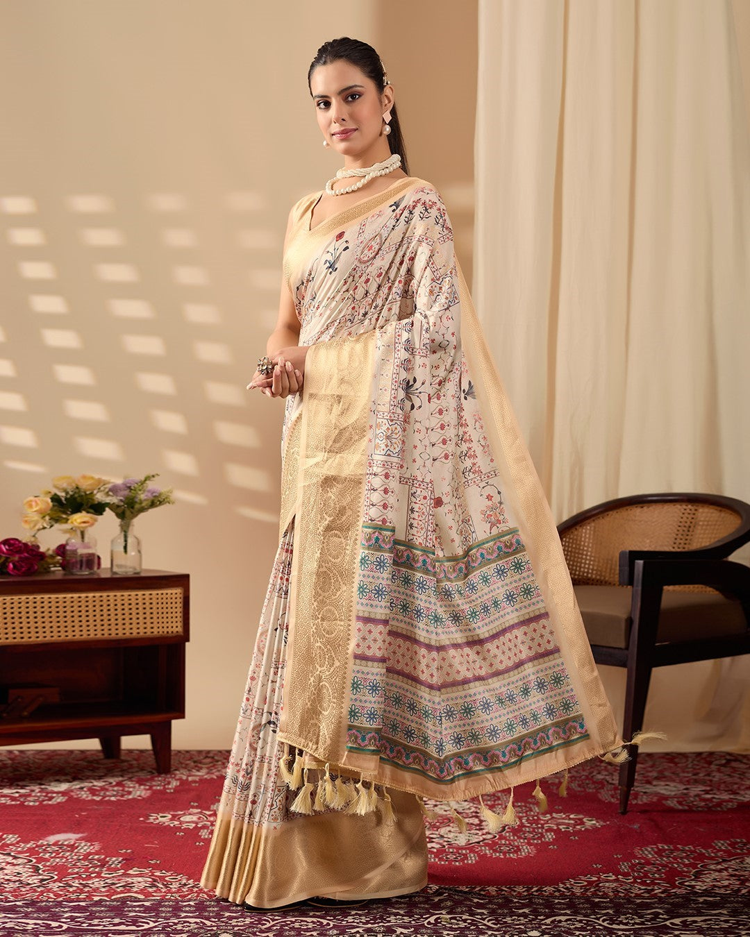 Cream Soft Lichi Silk Saree With Digital Printed Elegant Premium Saree
