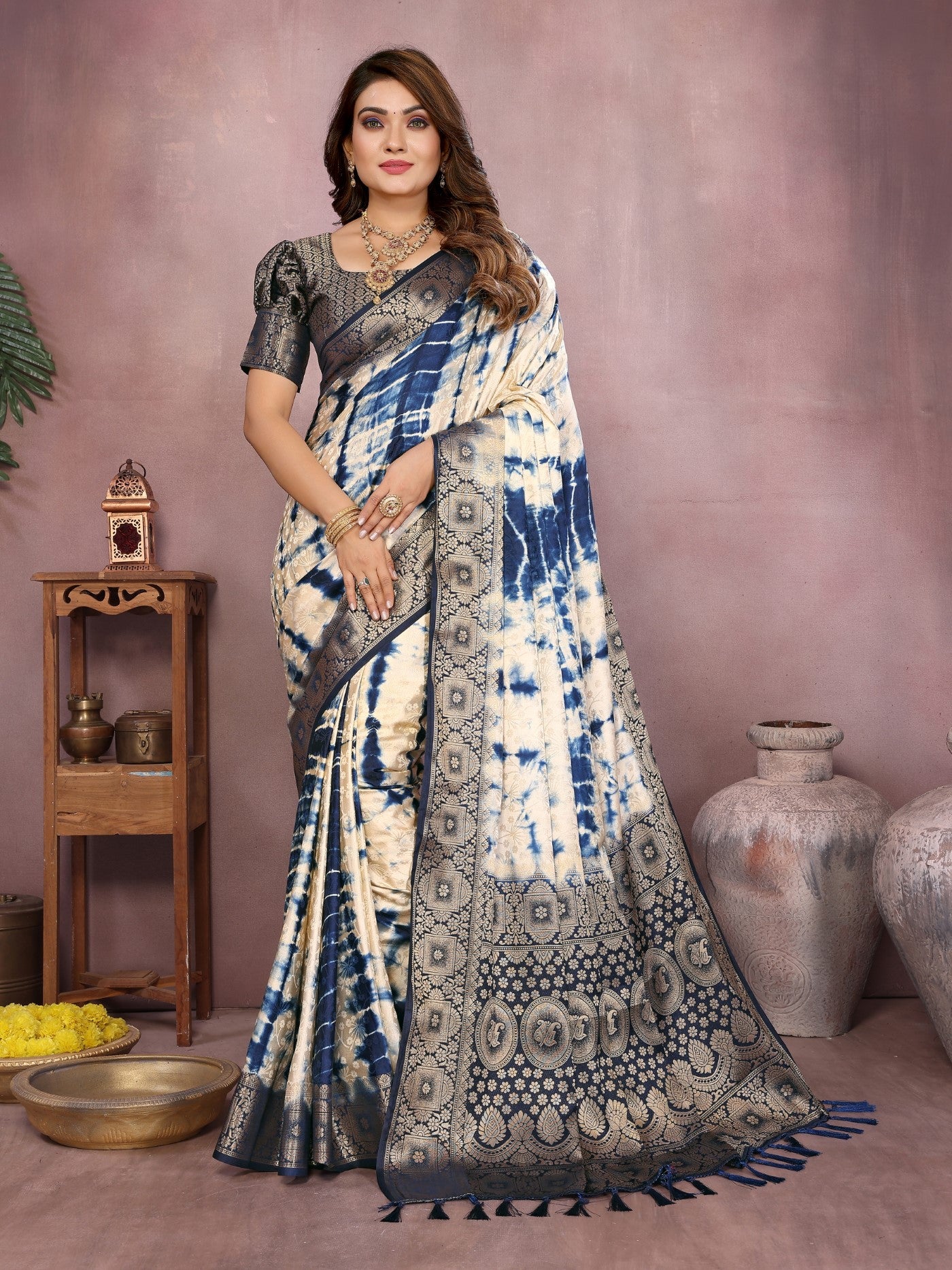 Cream Soft Satin Silk Saree With Sibory Zari Weaving Border