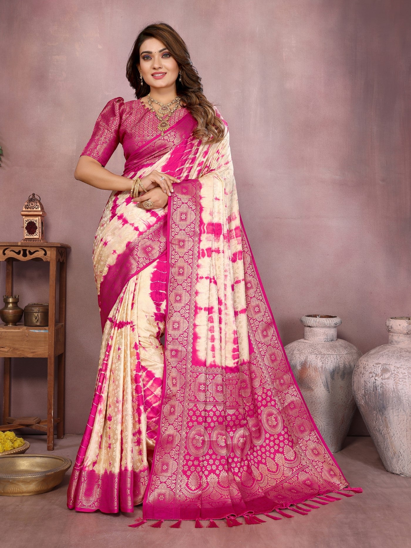 Cream Soft Satin Silk Saree With Traditional Sibory Zari Border