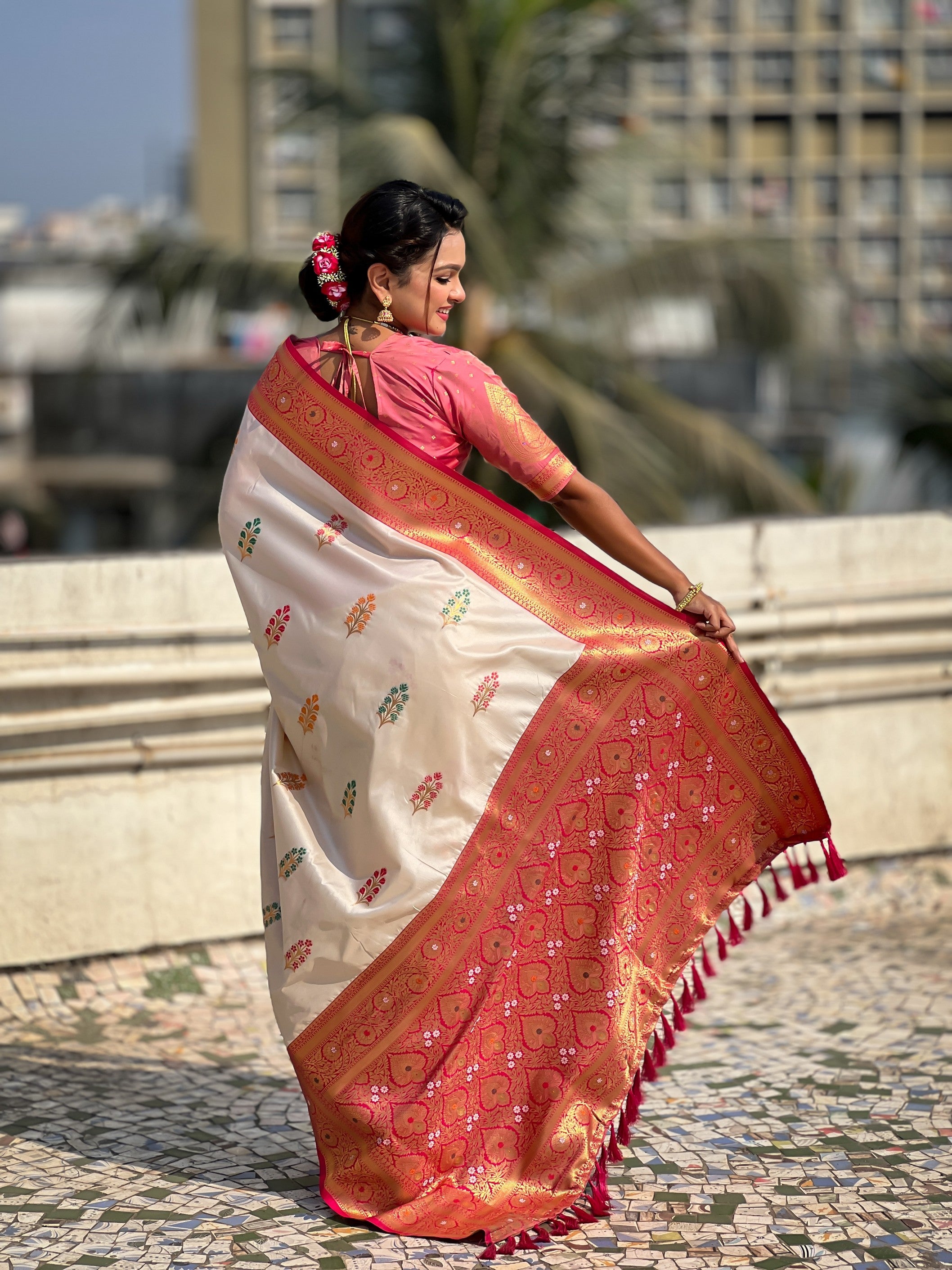 Cream Soft Silk Woven Meenakari Designer Heavy Ceremonial Saree