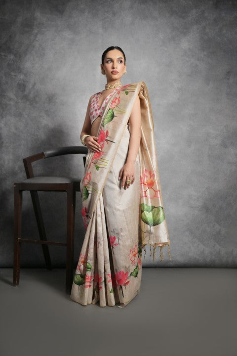 Cream Soft Tussar Silk Saree with Print and Small Zari Border