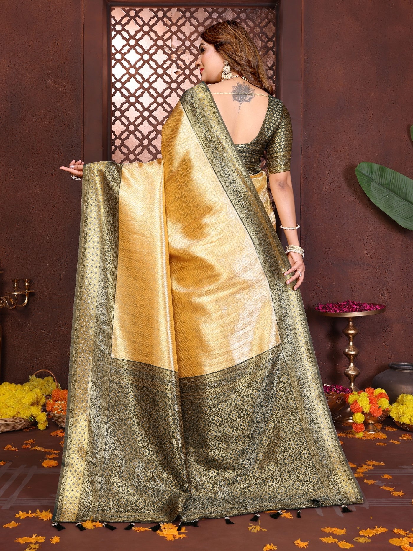 Cream Tissue Silk Saree With Traditional Woven