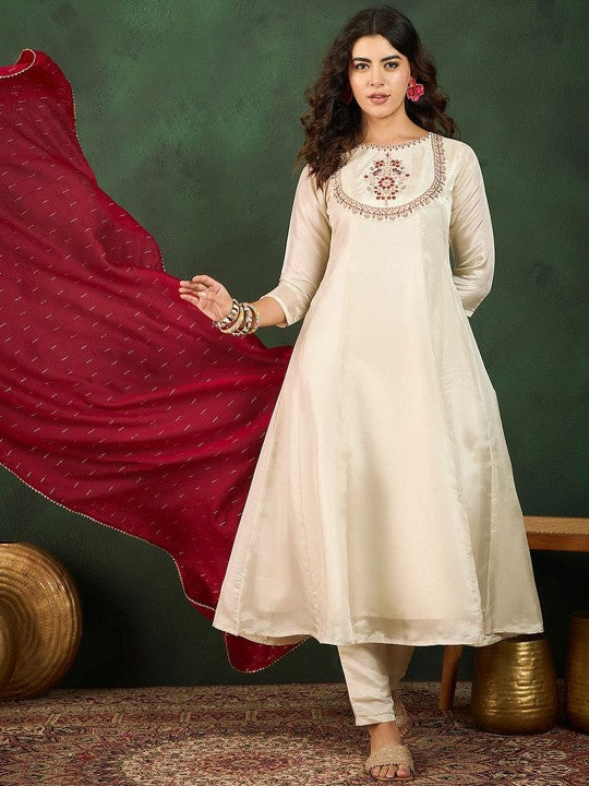 Cream Vichitra Silk Kurta Pant Set With Heavy Thread Embroidery Work