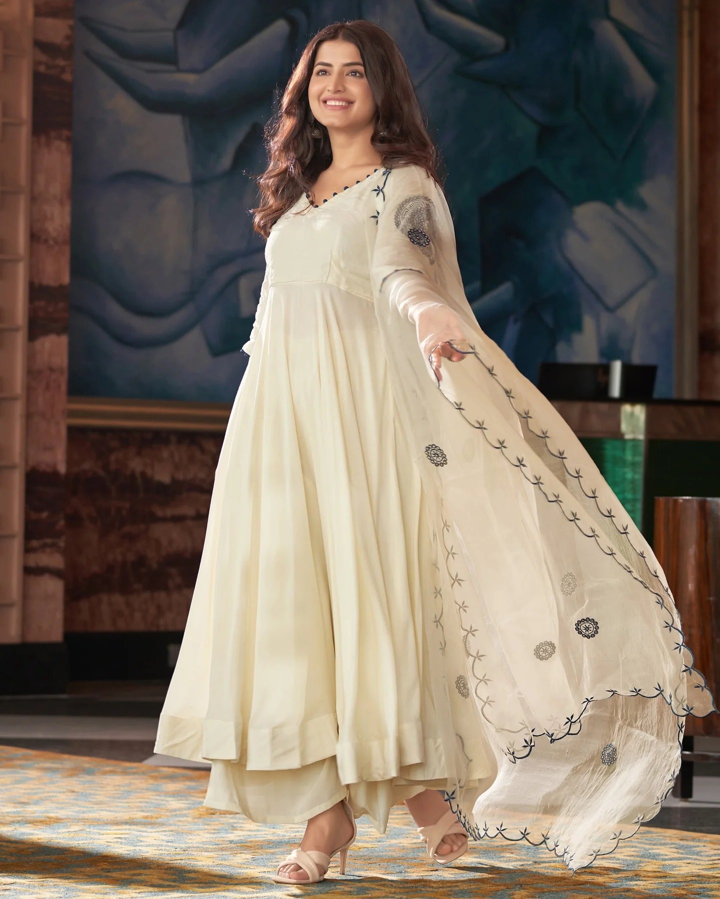 Cream Vichitra Silk Kurta Pant Set With Heavy Thread Embroidery Work On Sleeve