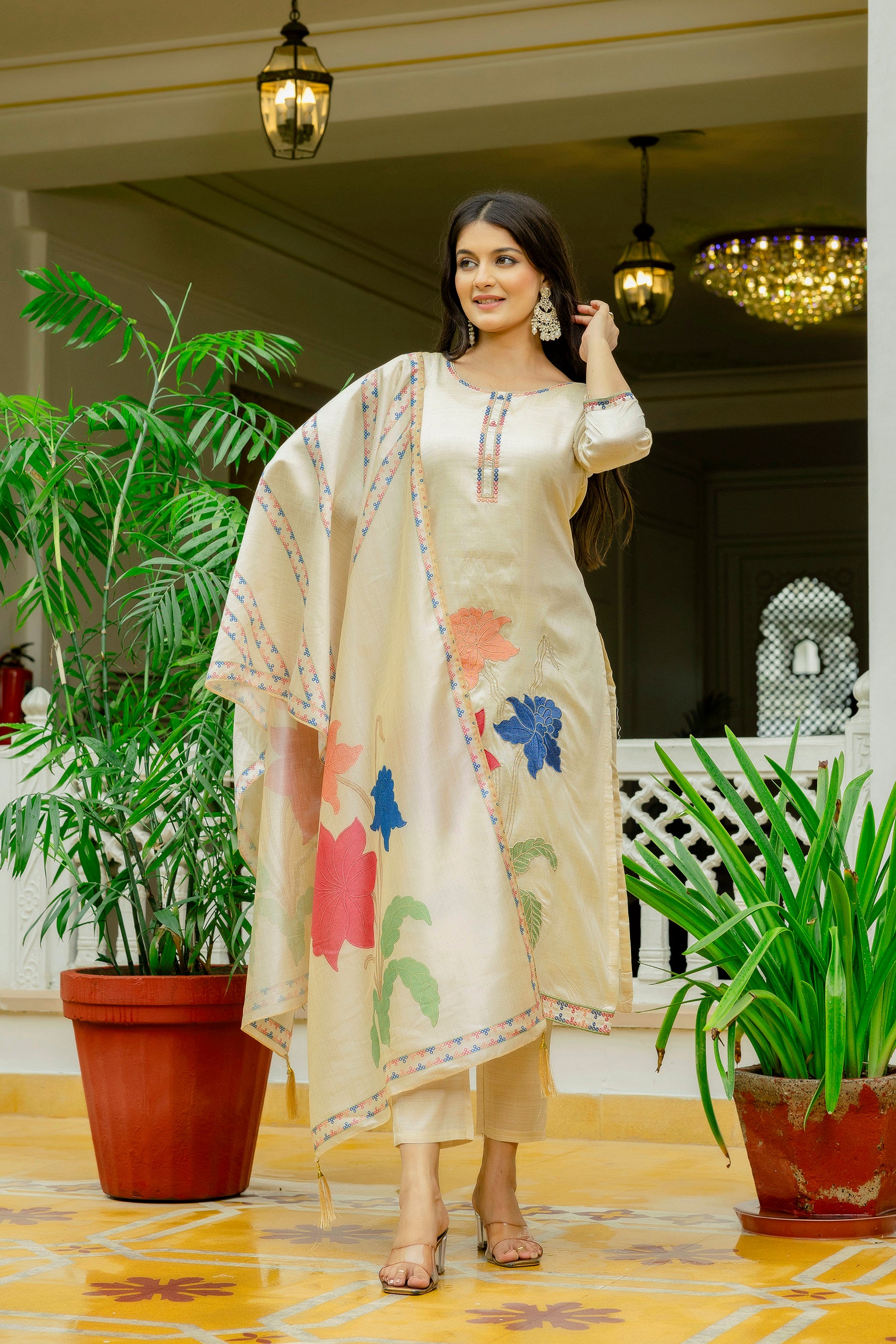 Cream Viscose Assam Silk Kurta Pant Set With Thread Embroidered Work With Printed Dupatta