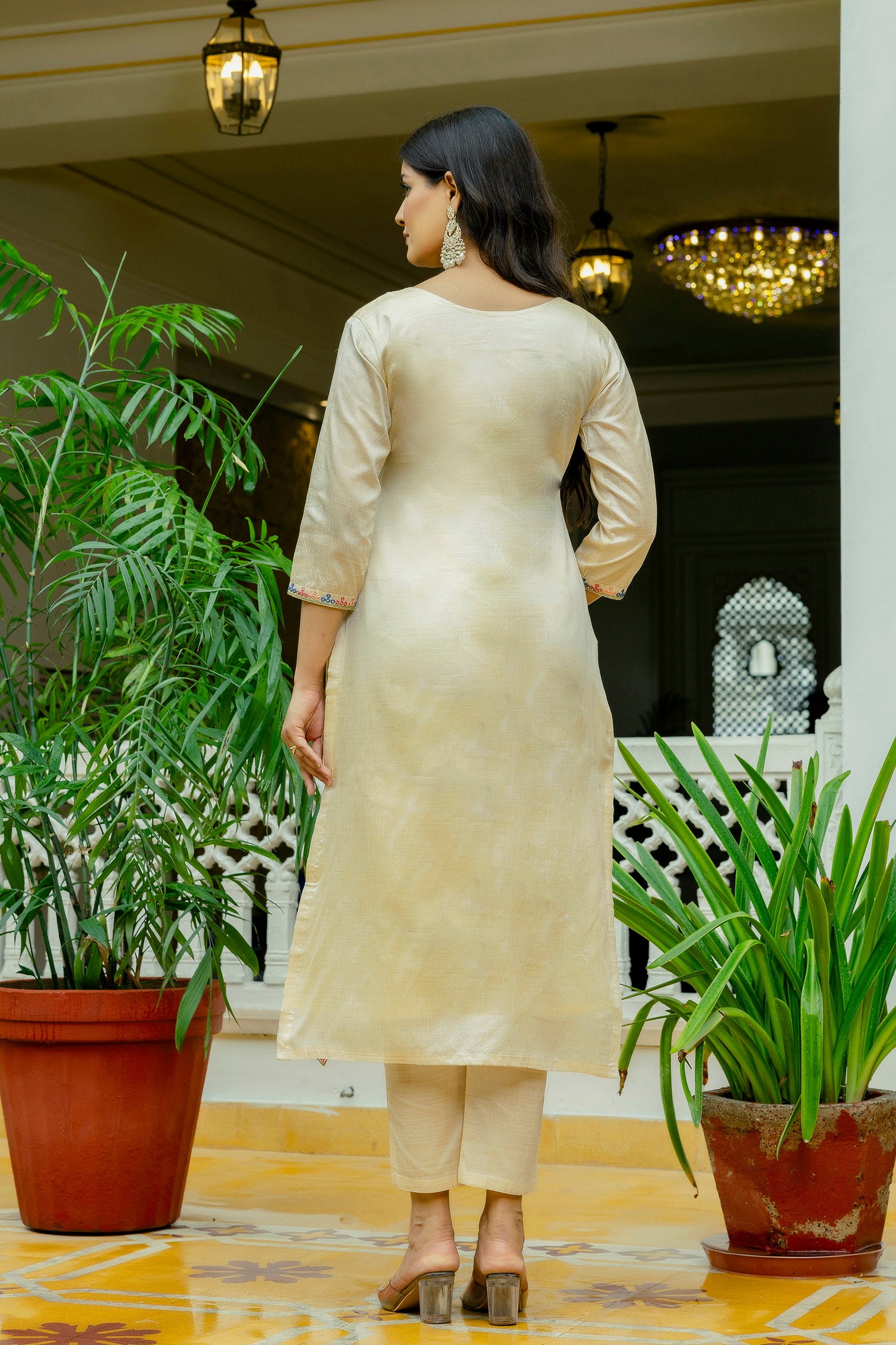 Cream Viscose Assam Silk Kurta Pant Set With Thread Embroidered Work With Printed Dupatta