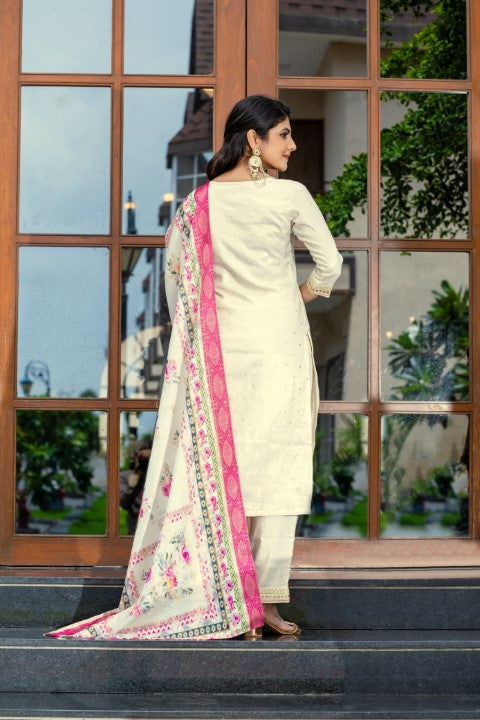 Cream Viscose Jacquard Kurta Pant With Thread Embroidery Work