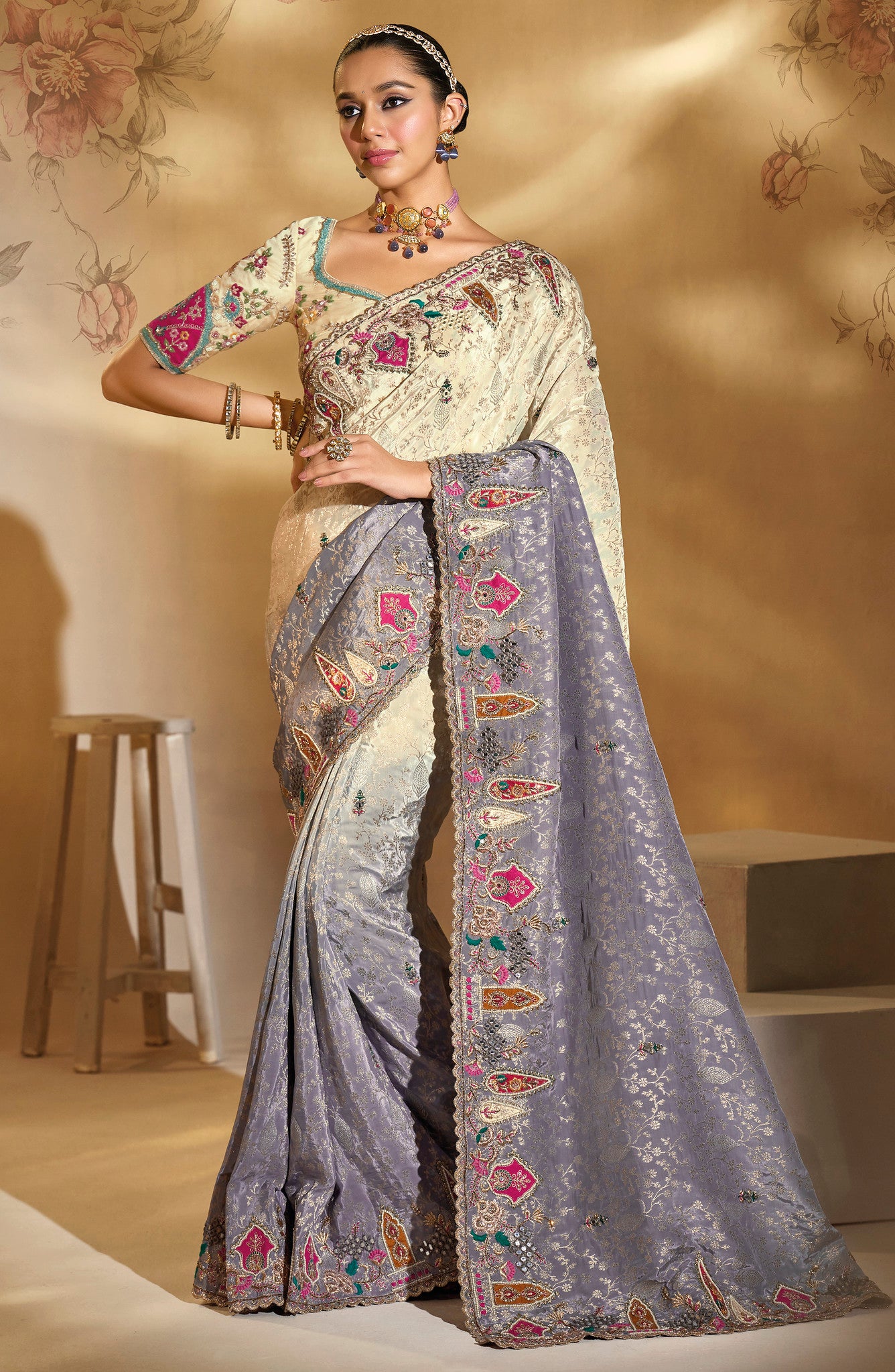 Cream & Grey Saree With Jari, Thread, Moti, Cut-Dana With Mirror Heavy Work