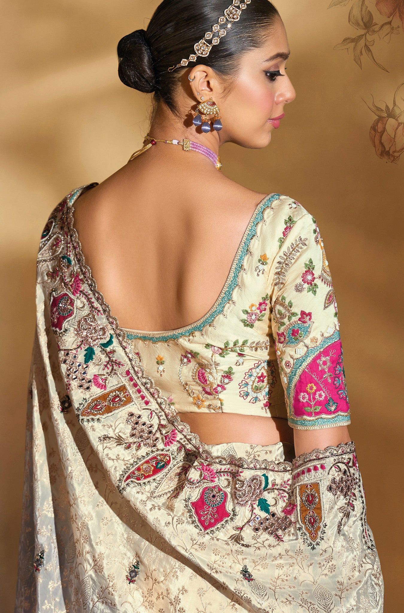 Cream & Grey Saree With Jari, Thread, Moti, Cut-Dana With Mirror Heavy Work
