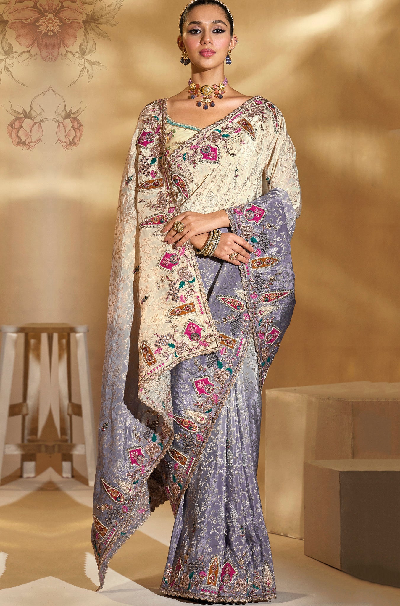 Cream & Grey Saree With Jari, Thread, Moti, Cut-Dana With Mirror Heavy Work