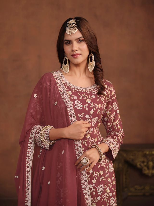 Dark-Crimson Salwar Kameez With Thread Emboirdered Work