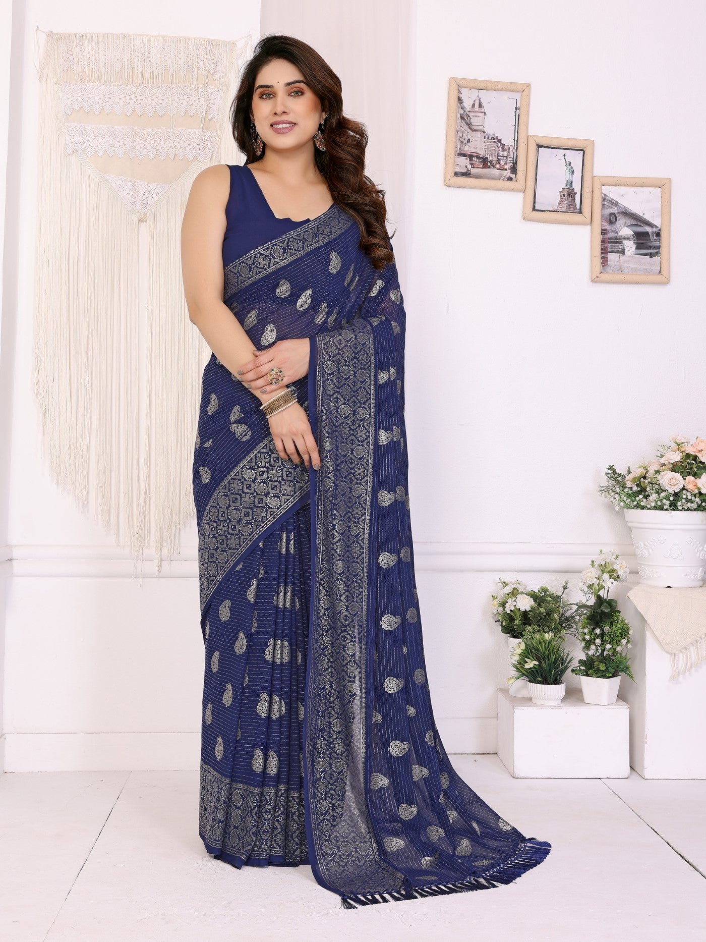 Dark Blue Georgette Saree With Foil Work And Designer Lace Border