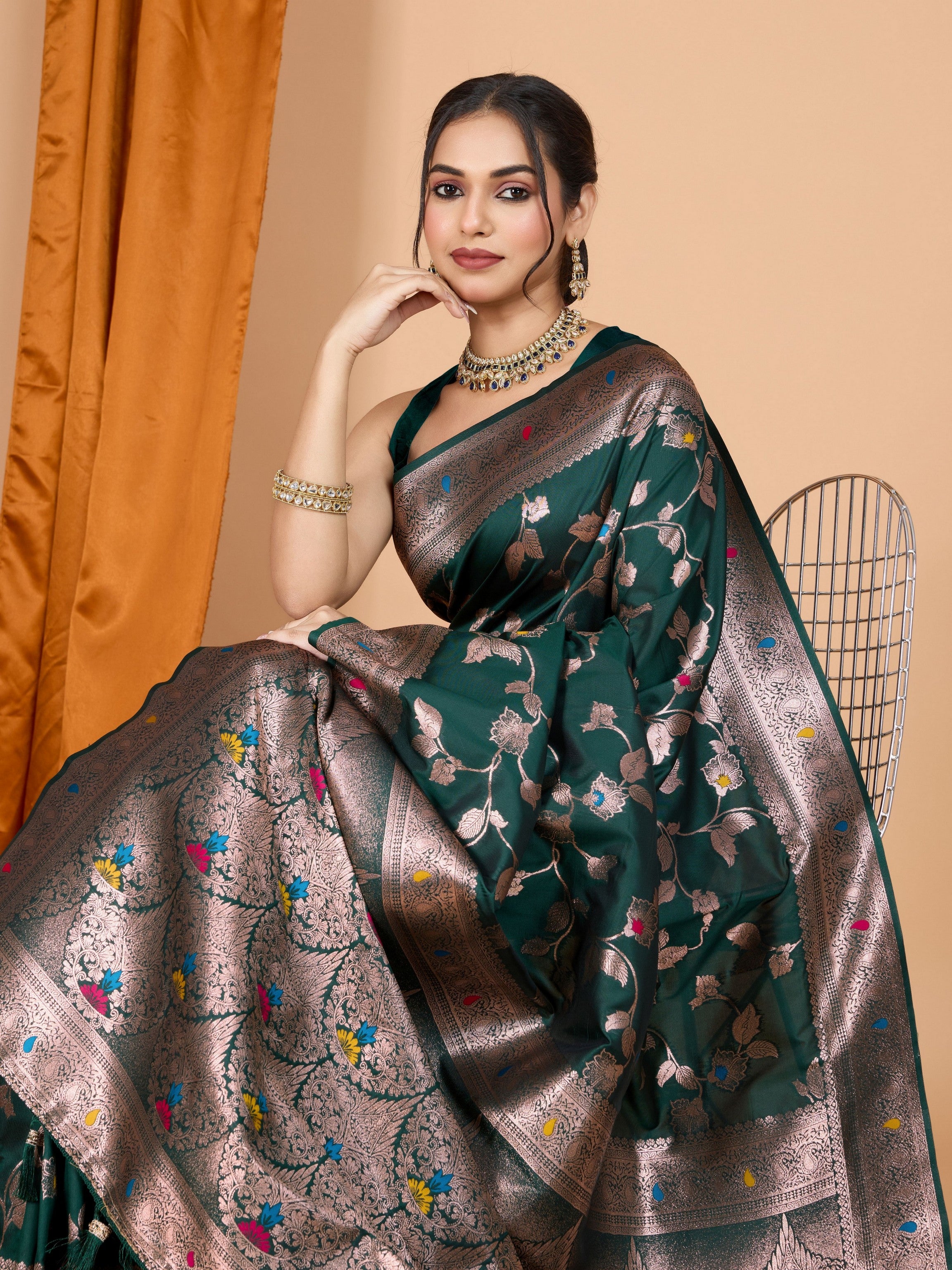 Dark Green Ethnic Banarasi Silk Saree With Woven Jari Designer Work