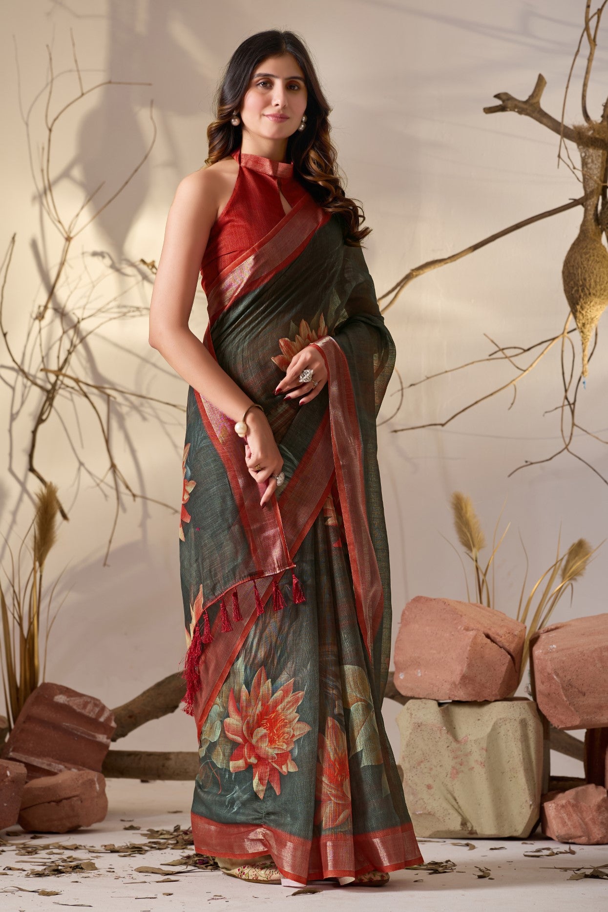 Dark Green Linen Cotton Saree With Digital Printed Elegant Traditional Saree