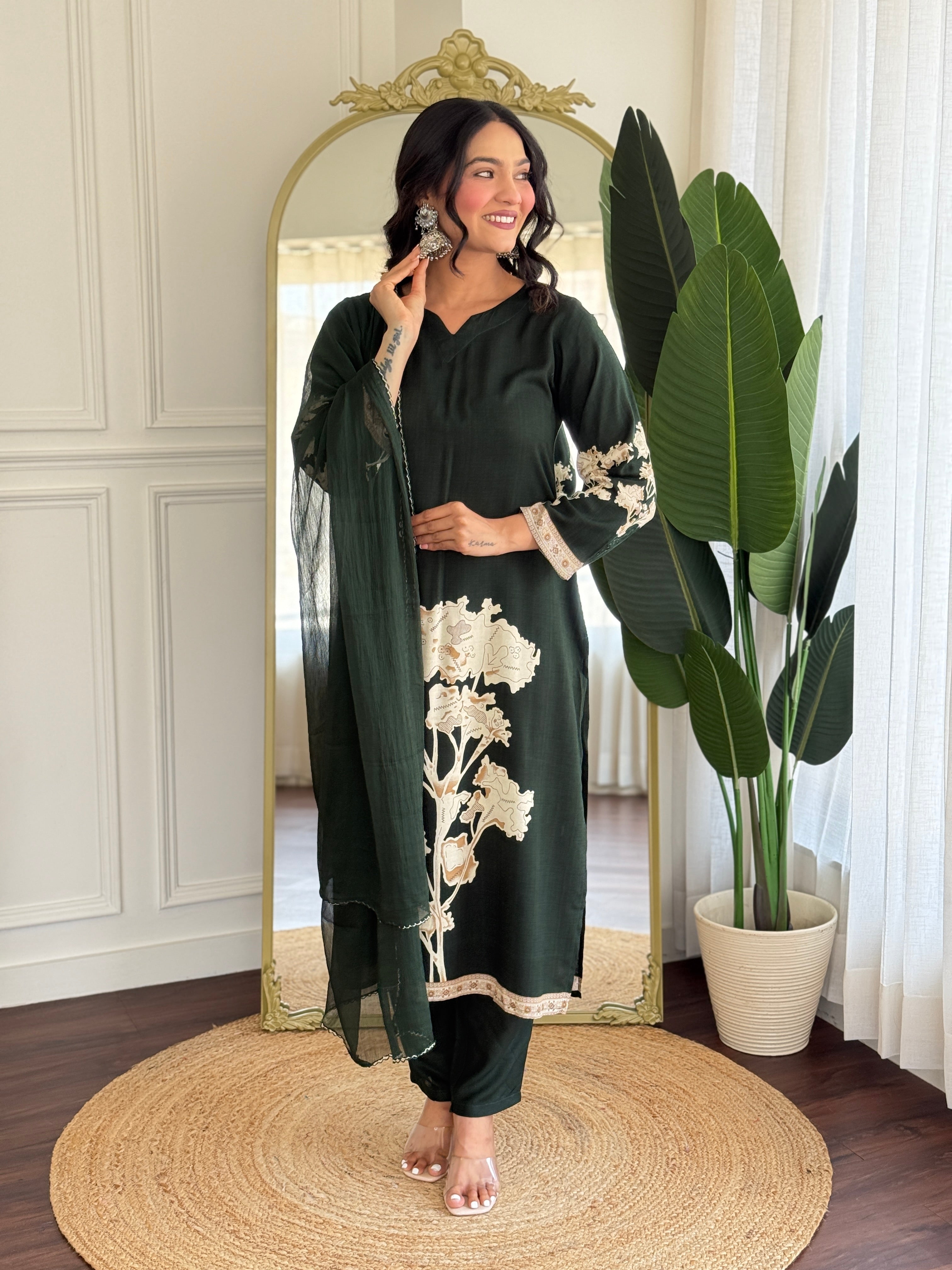 Dark Green Pure Viscose Rayon Kurta Pant with Printed