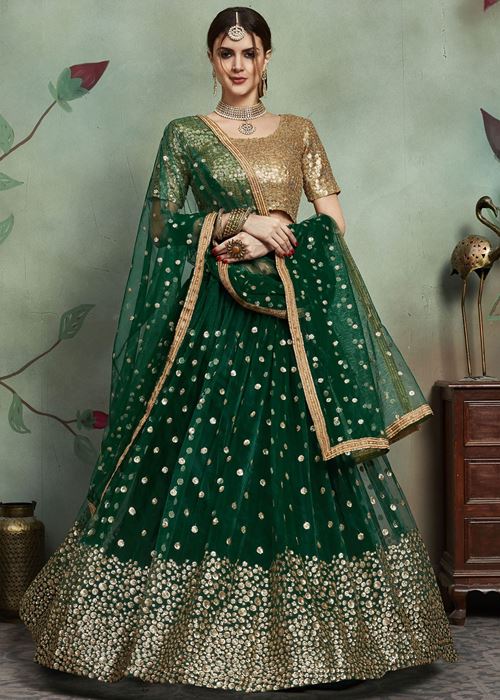 Dark Green Sequins Work Net Party Wear Lehenga Choli with Dupatta