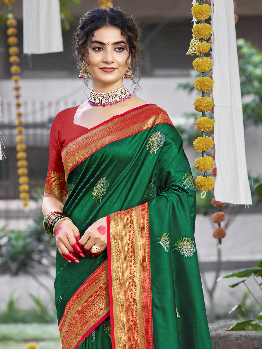 Dark Green Silk Saree With Woven Work